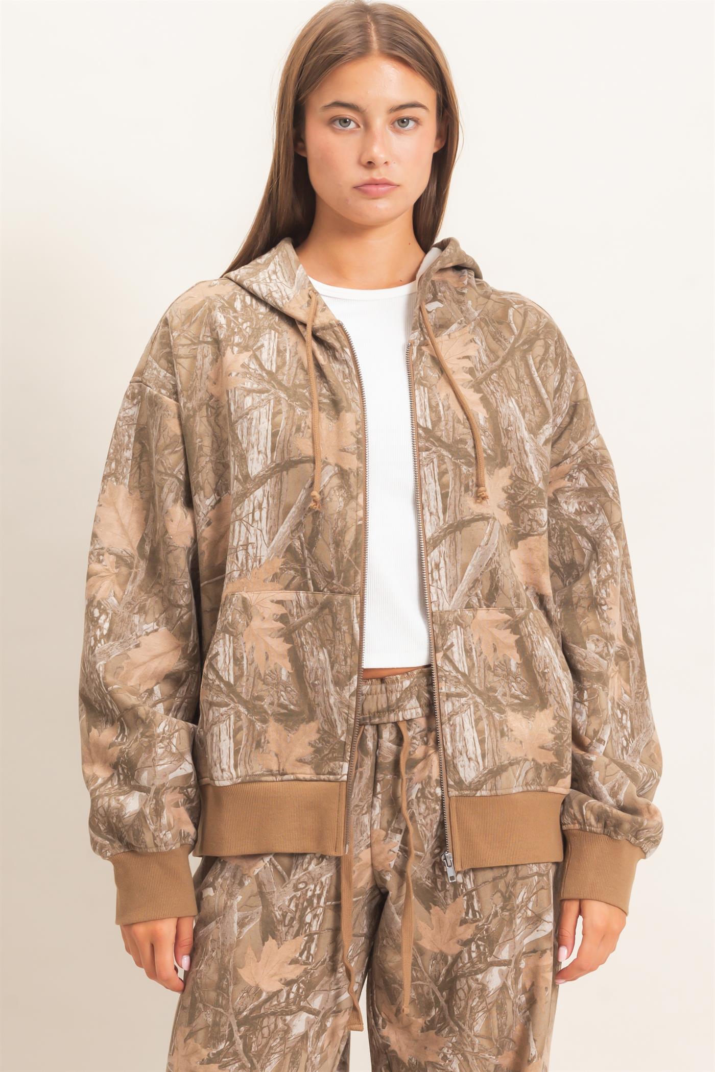 Wholesale Tree Camouflage Zip-Up Hoodie Outerwear DZ26E291 BROWN DOUBLE ZERO