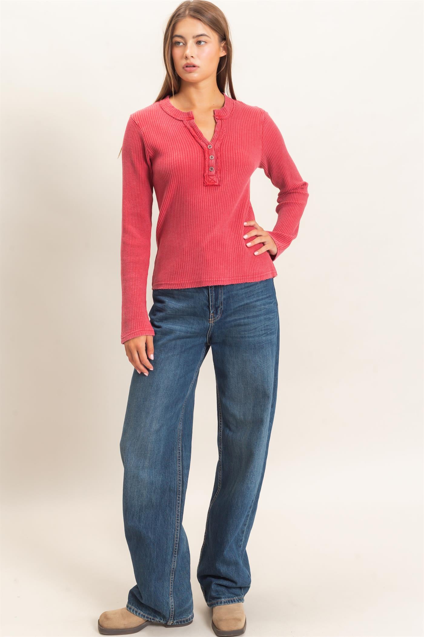 Wholesale Mineral Wash Waffle Henley Long Sleeve Top Clothing Tops DZ26E243 DARK RED DOUBLE ZERO
