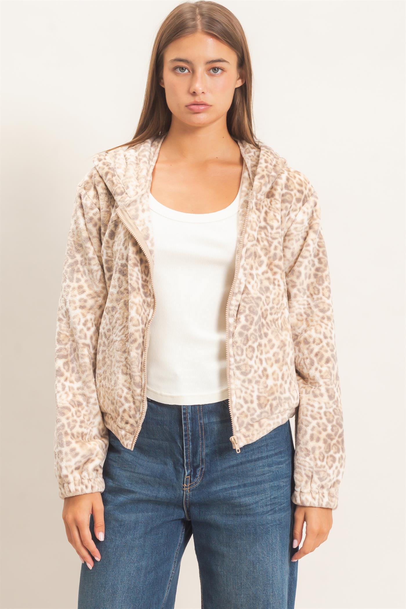 Wholesale Leopard Fleece Zip-Up Hoodie Hoodies DZ26E831 BEIGE DOUBLE ZERO