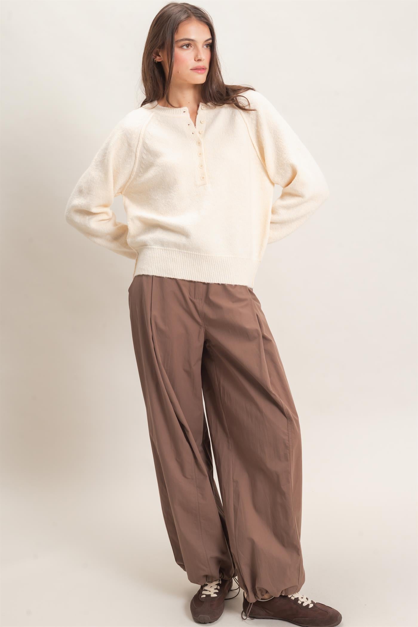 Wholesale Button Front Raglan Sweater Sweaters HF26E152 VANILLA CREAM HYFVE
