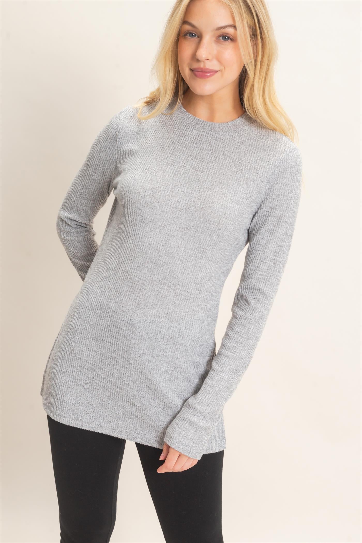 Wholesale Ribbed Crew Neck Sweater Clothing Tops HF26F034 GRAY HYFVE