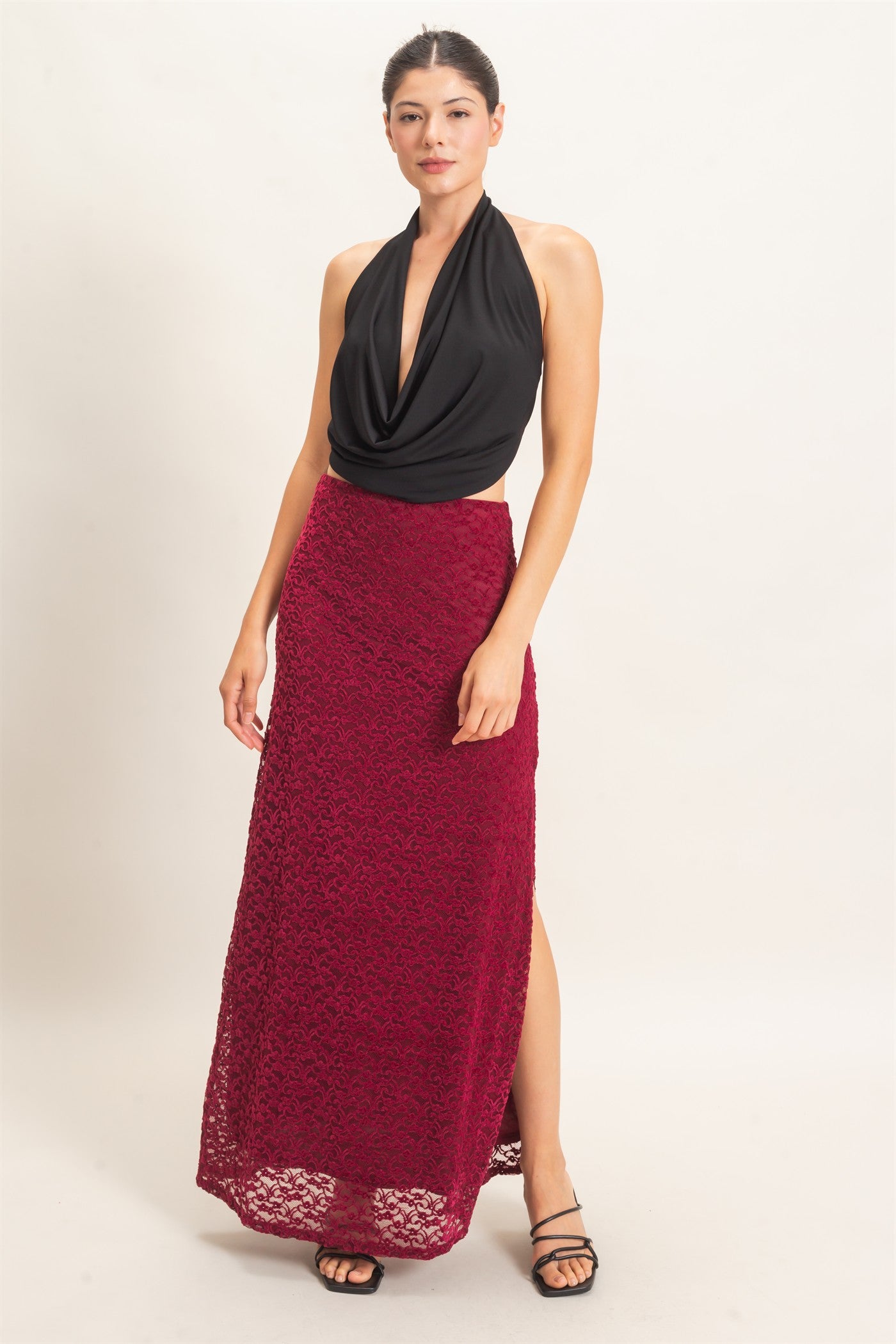 Wholesale Velvet Lace Maxi Skirt Skirts HF26E702 BURGUNDY HYFVE