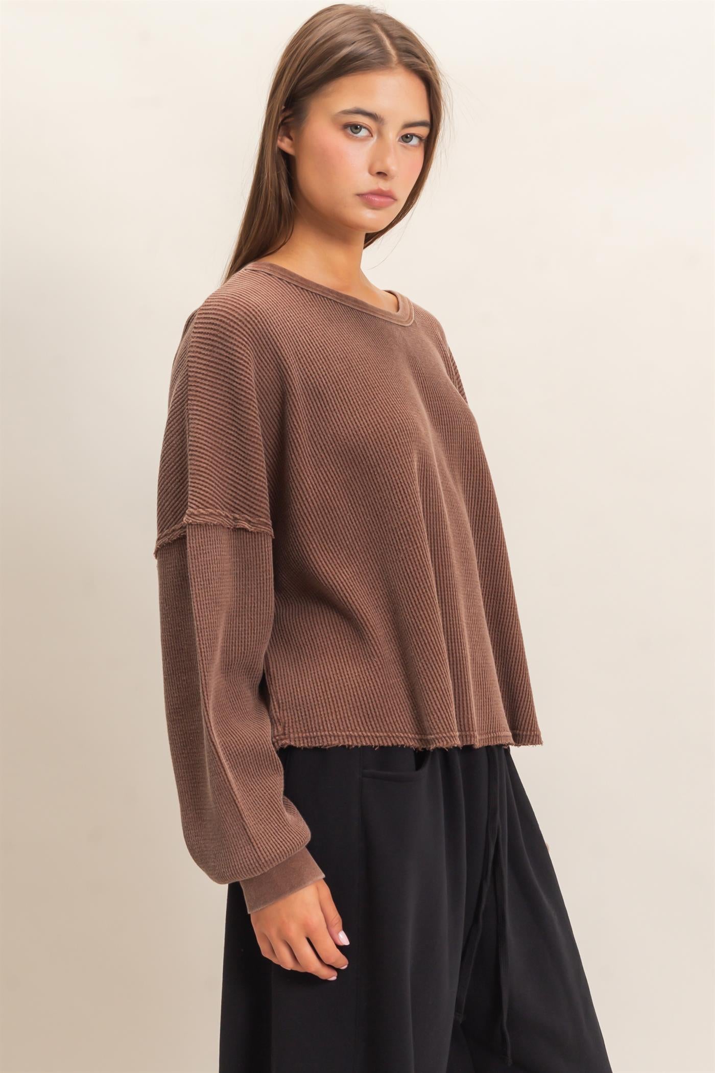 Wholesale Mineral Wash Waffle Oversized Top Clothing Tops DZ26E248 DARK BROWN DOUBLE ZERO