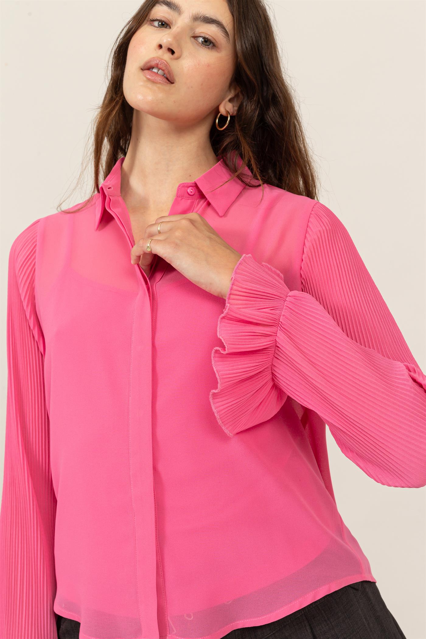 Wholesale Bell Sleeve Blouse With Inside Lining Clothing Tops HF25A769 PINK HYFVE
