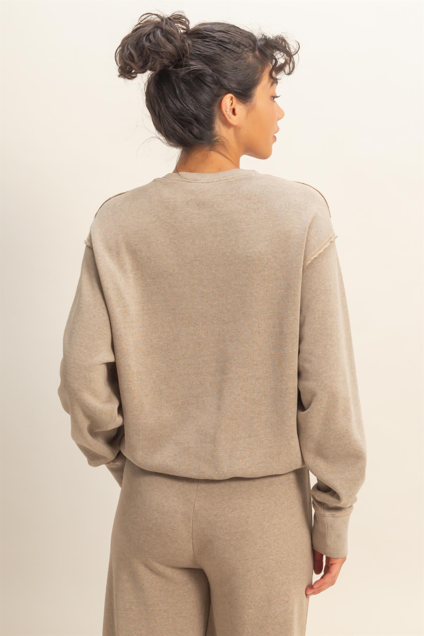 Wholesale Raw Edge Detail Burnout Sweatshirt Sweatshirts DZ26A048 MOCHA DOUBLE ZERO