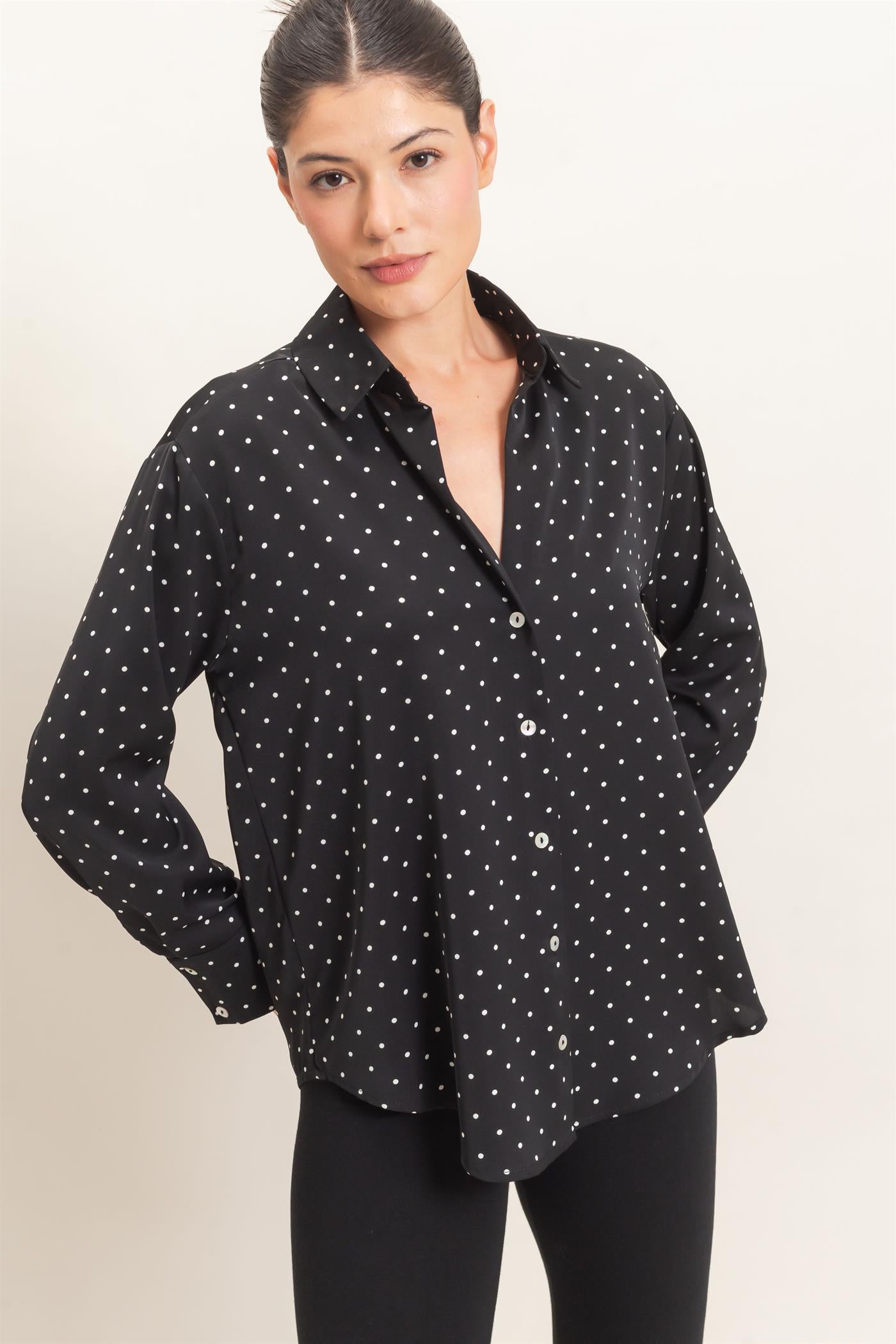 Wholesale Button-Up Polka Dot Shirt Shirts HF26F401 BLACK HYFVE