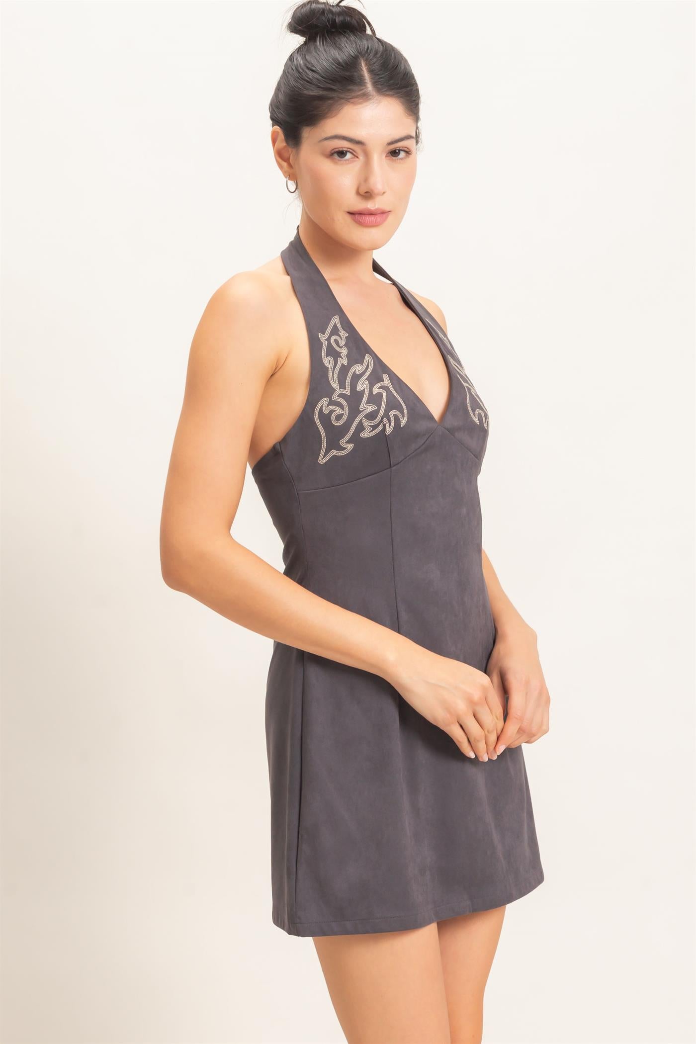 Wholesale Suede V-Neck Halter Dress Dresses HF26E500 CHARCOAL HYFVE