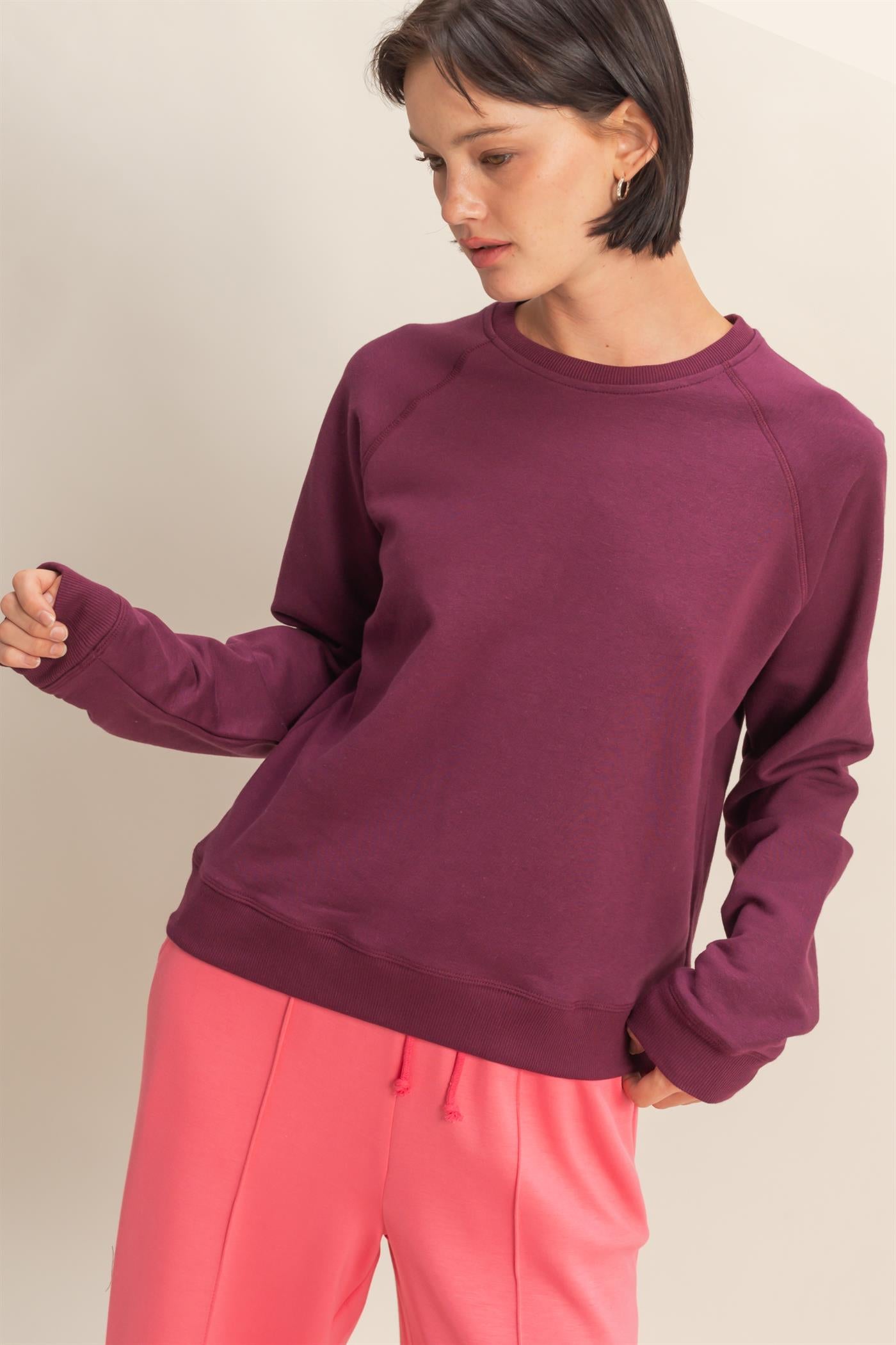 Wholesale Crew Neck Raglan Sleeve Comfy Pullover Sweatshirt Sweatshirts DZ25E237 DARK CHERRY DOUBLE ZERO