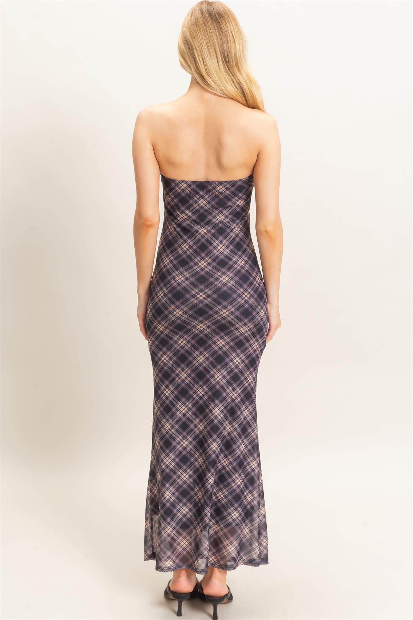 Wholesale Strapless Printed Mesh Maxi Dress Dresses HF26F212 BLACK/PLAID HYFVE