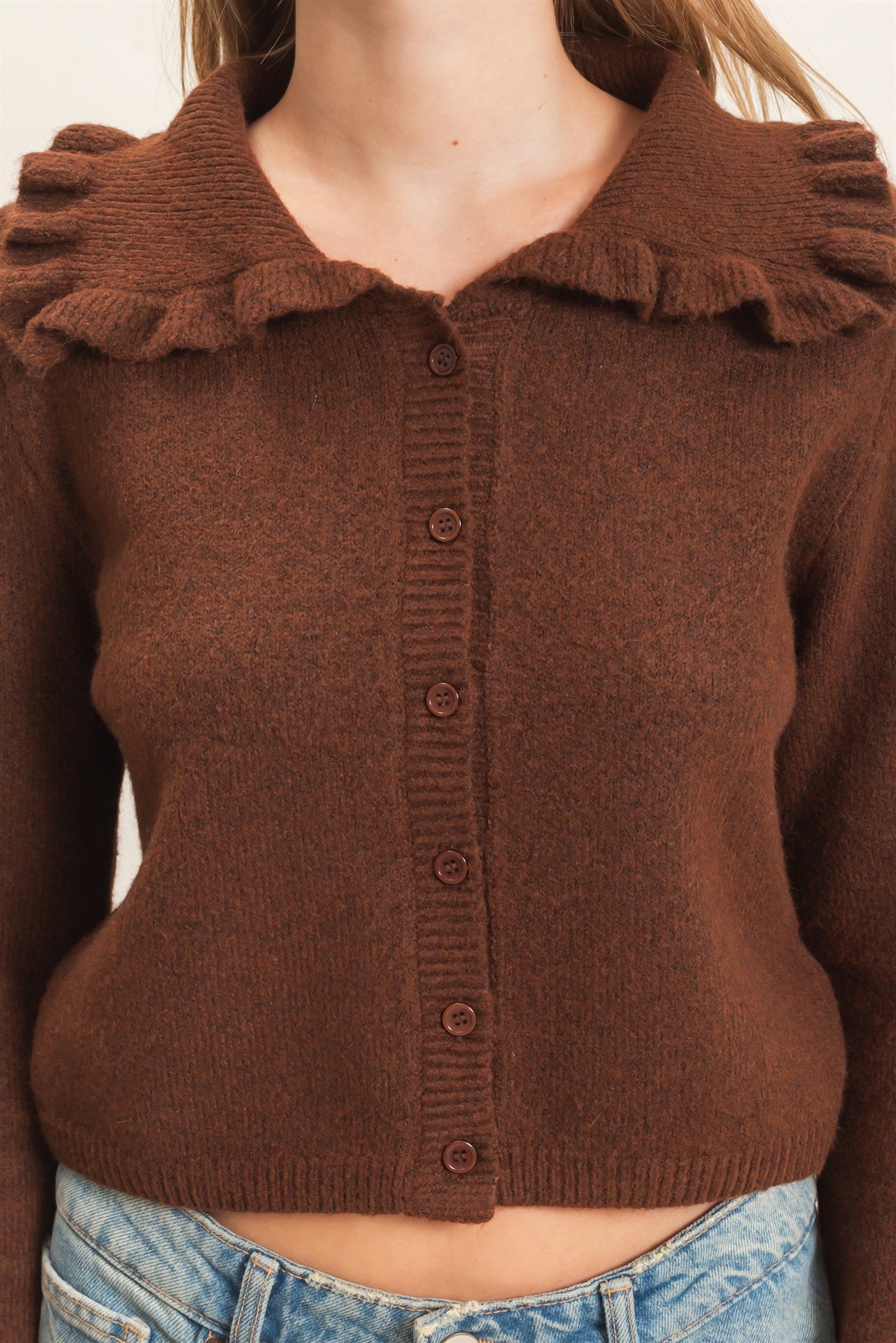 Wholesale Ruffled Collar Knit Cardigan Cardigans HF26E162-D CHOCOLATE HYFVE