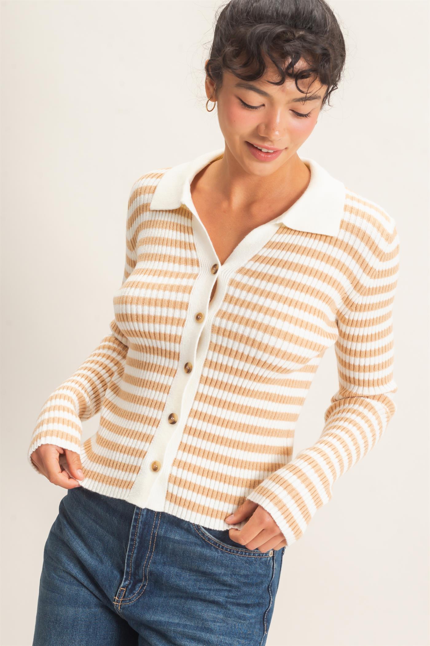 Wholesale Ribbed Striped Polo Knit Top Clothing Tops DZ26E099 TAUPE DOUBLE ZERO