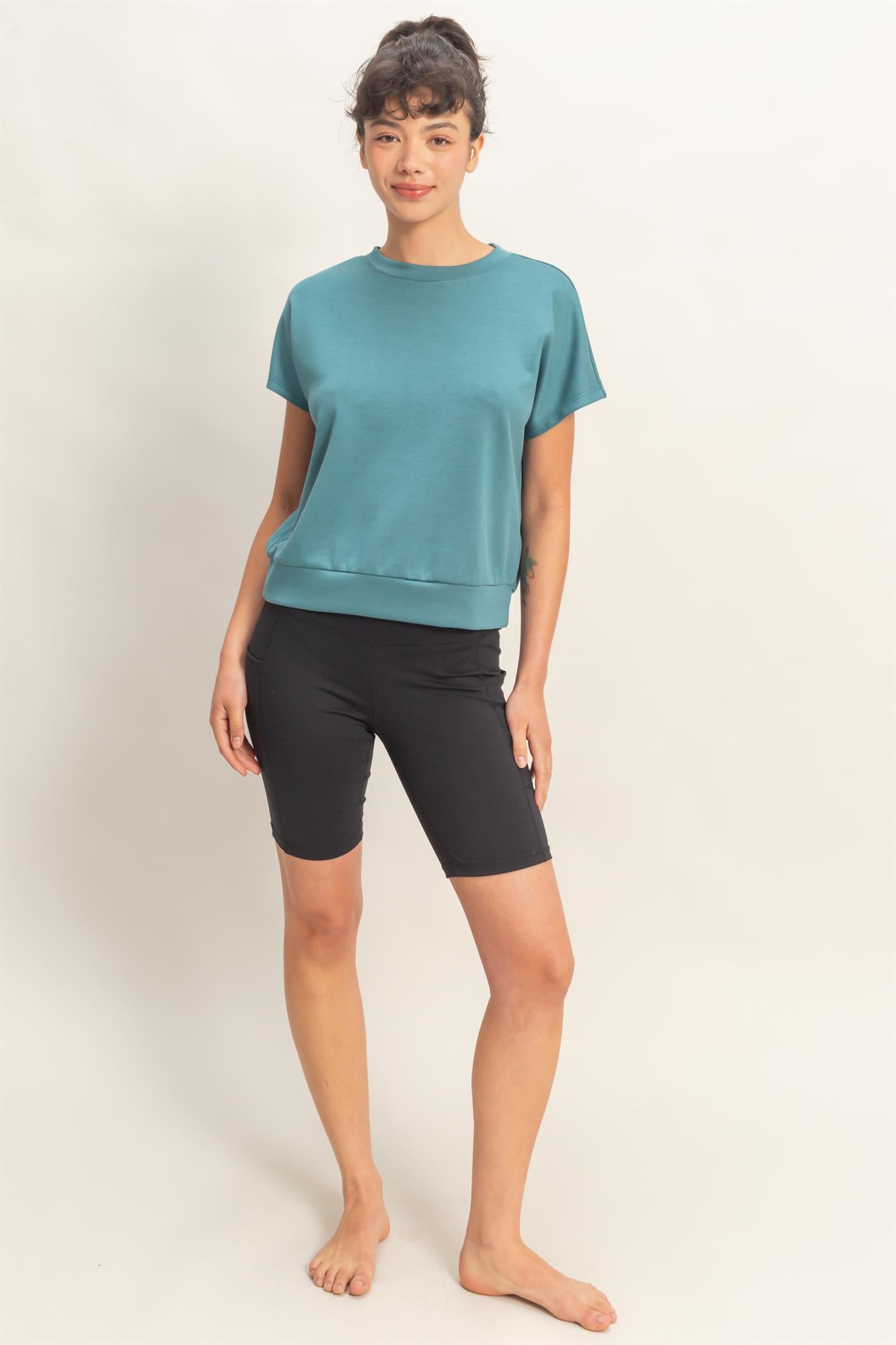 Wholesale Crew Neck Short Dolman Sleeve Top Clothing Tops DZ26C205 DARK TEAL DOUBLE ZERO