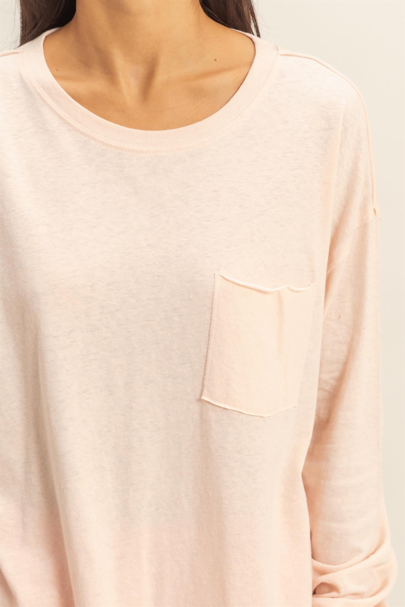 Wholesale Long Sleeve Pocket T-Shirt Clothing Tops DZ23G149 DUSTY PINK DOUBLE ZERO