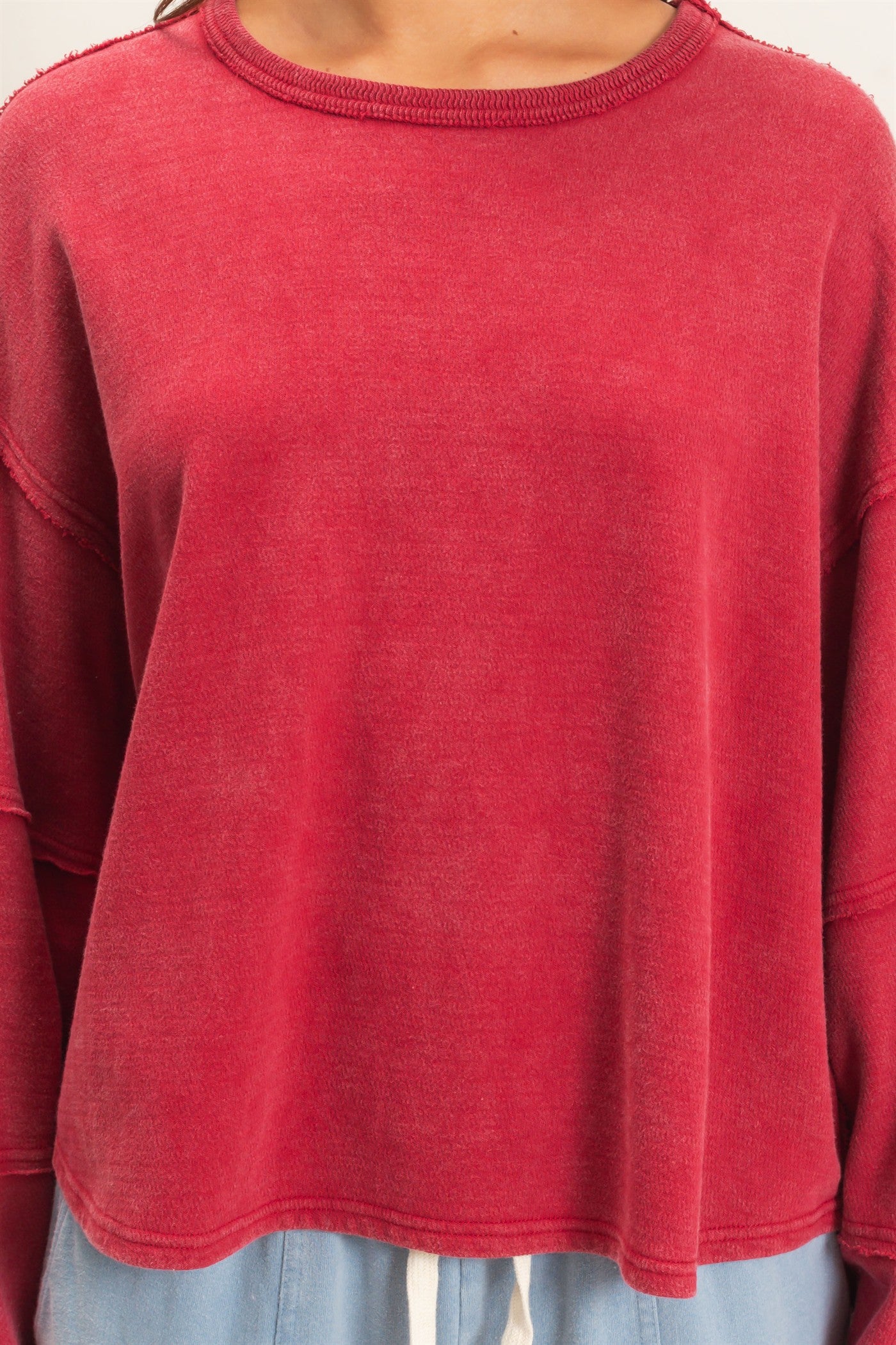 Wholesale Mineral Wash Overzised Raw Edge Crew Neck Top Clothing Tops DZ26E449 DARK RED DOUBLE ZERO