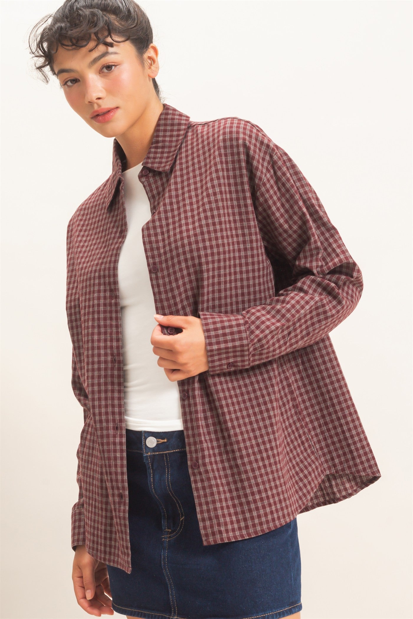 Wholesale Plaid Button-Up Shirt Shirts DZ26F012 BURGUNDY DOUBLE ZERO