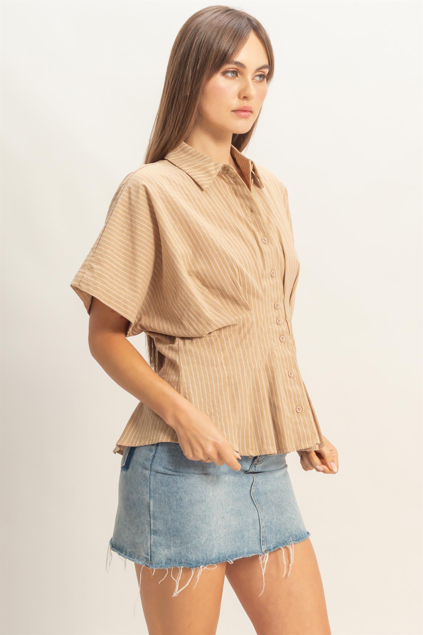 Wholesale Pleated Button-Up Shirt Shirts HF26A092 BEIGE DOUBLE ZERO