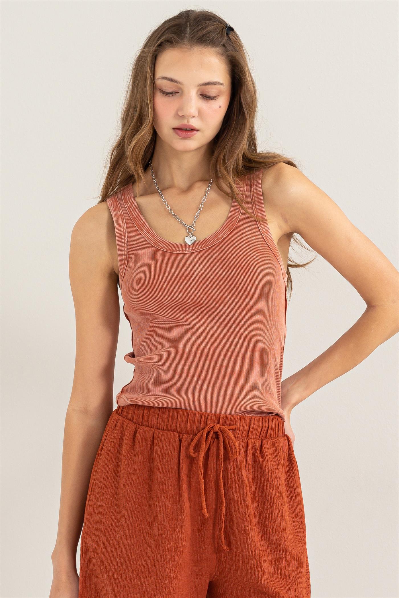 Wholesale Acid Washed Tank Top Clothing Tops DZ24A649-D BAKED CLAY DOUBLE ZERO