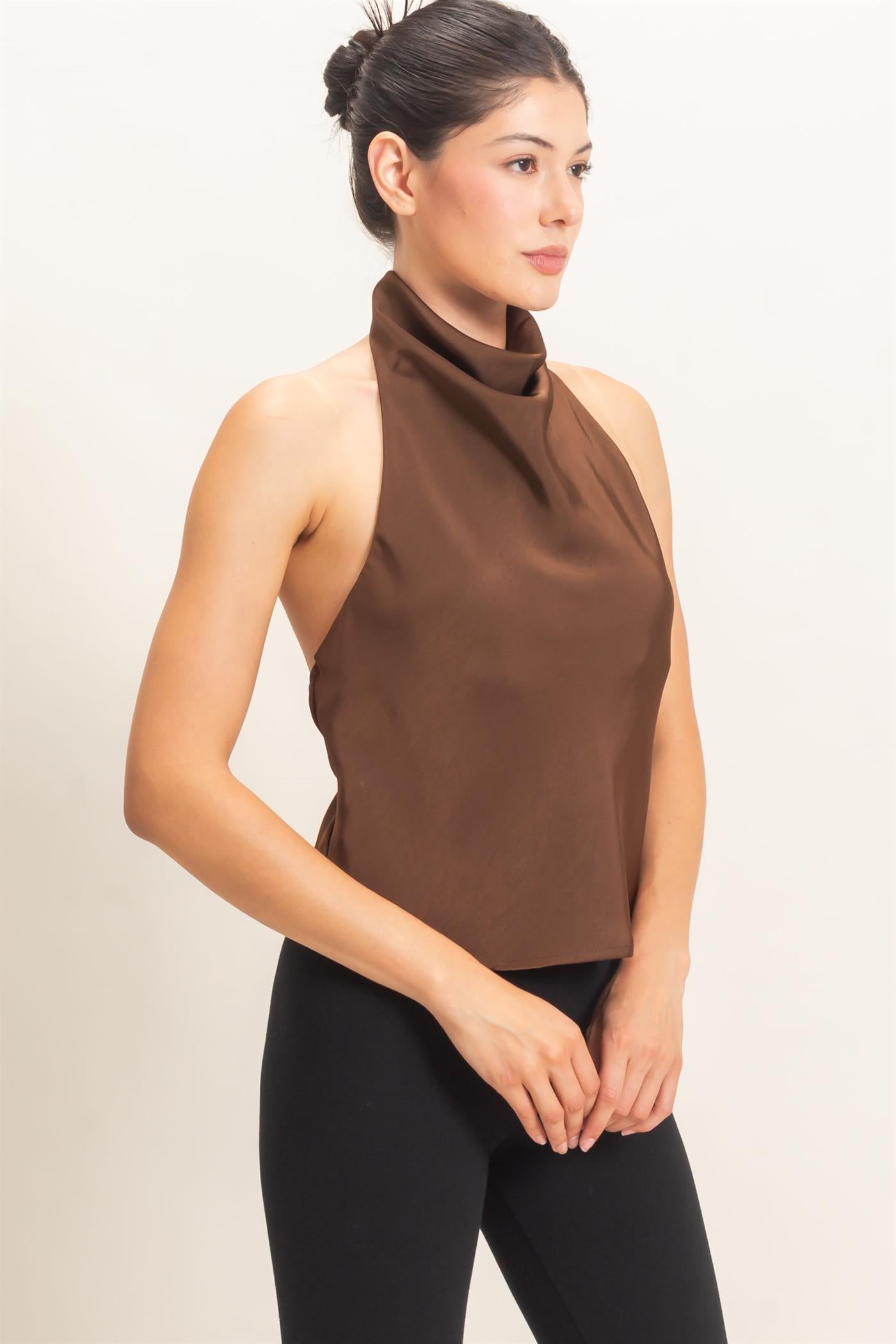 Wholesale Draped Halter Satin Top Blouses HF26E632 ESPRESSO HYFVE