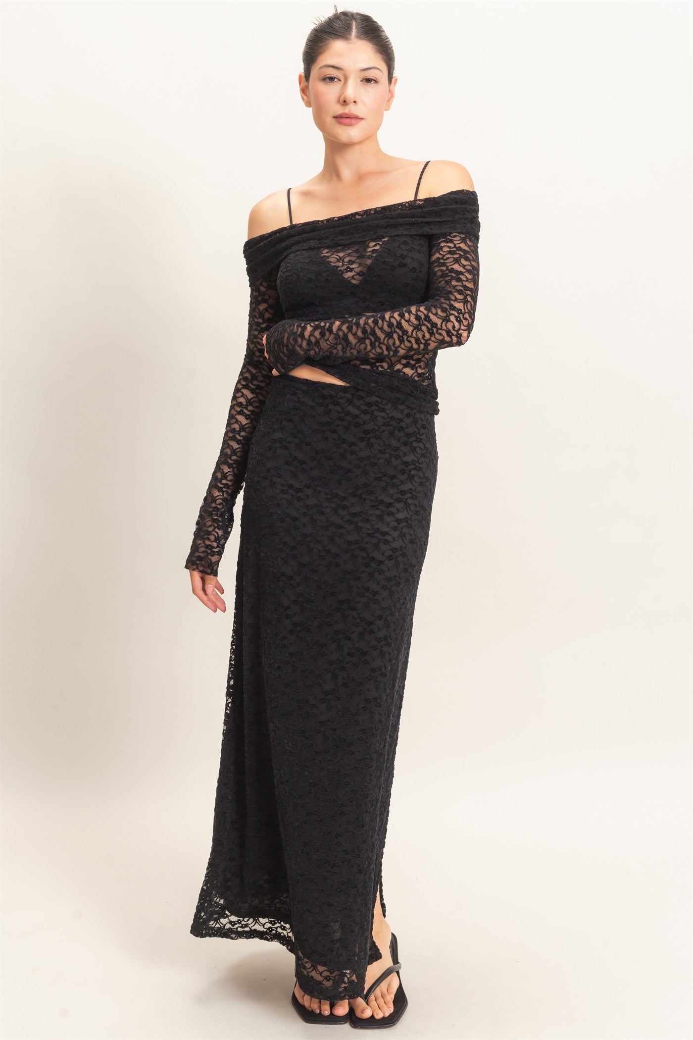 Wholesale Velvet Lace Maxi Skirt Skirts HF26E702 BLACK HYFVE