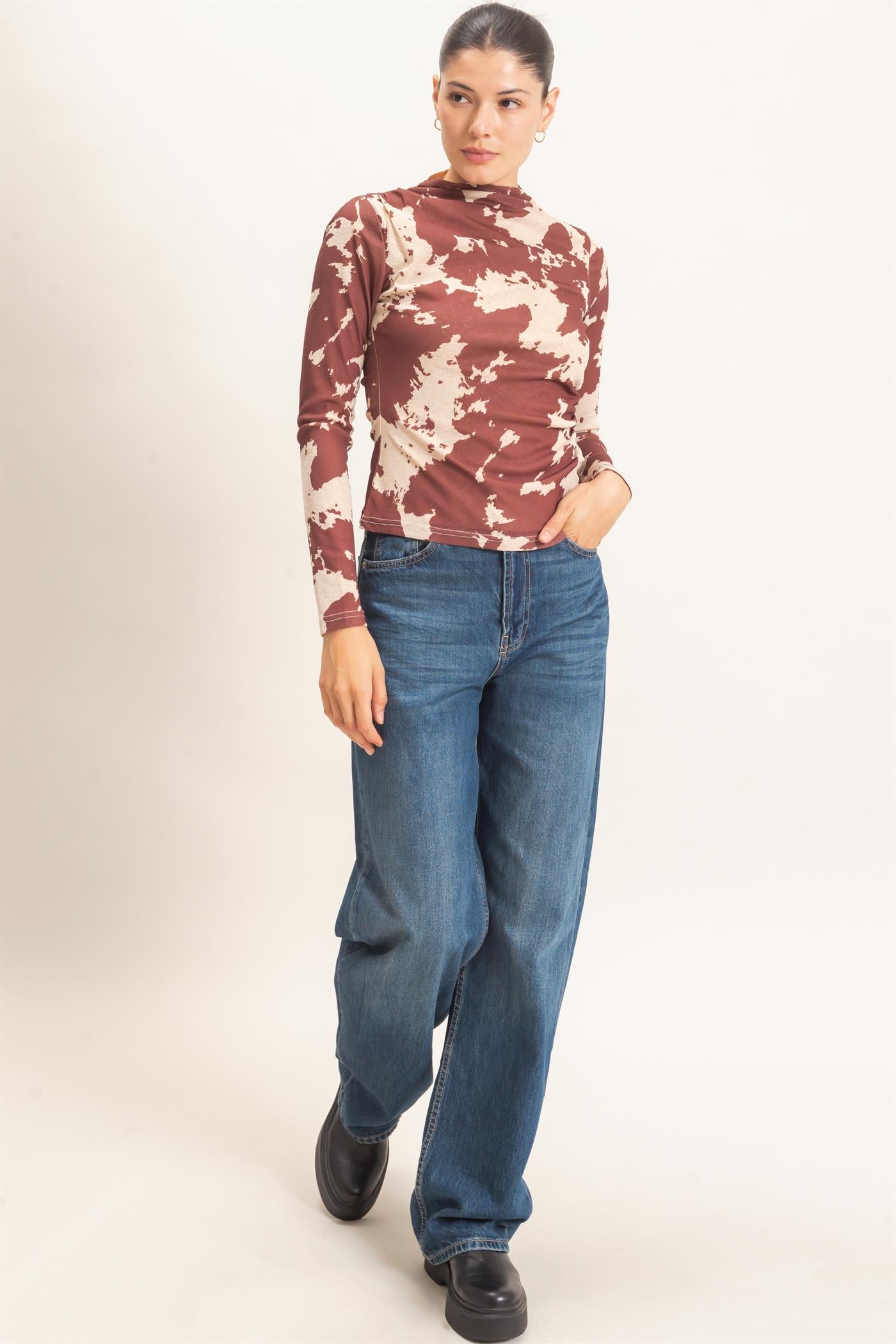 Wholesale Asymmetrical Cow Print Top Clothing Tops HF26E799 BROWN HYFVE
