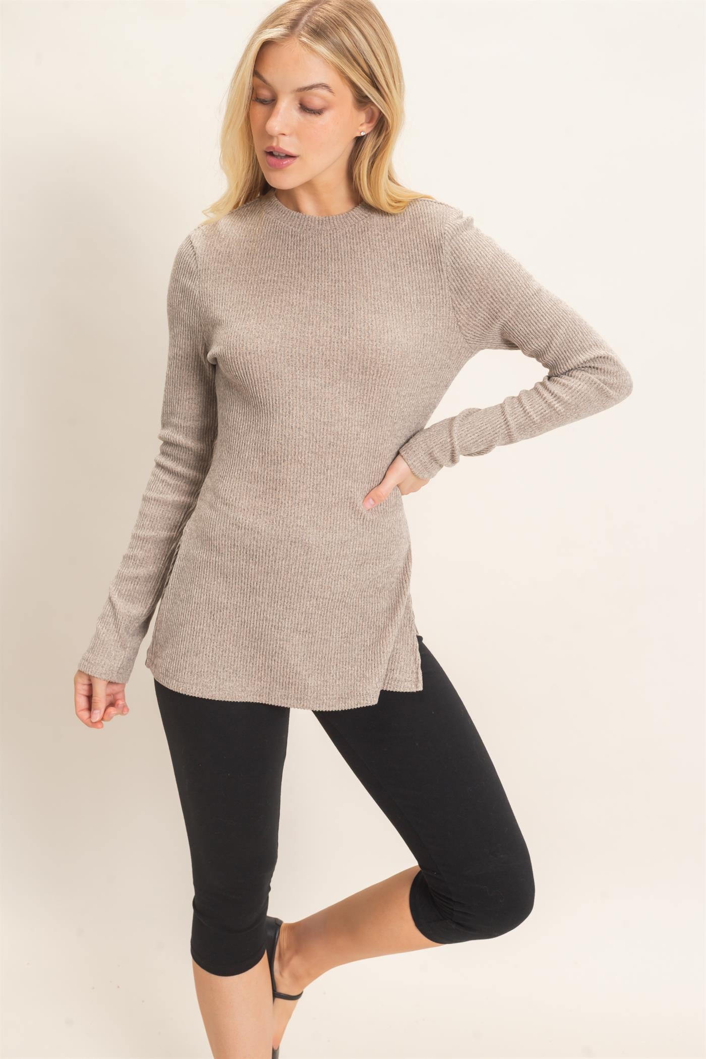 Wholesale Ribbed Crew Neck Sweater Clothing Tops HF26F034 BEIGE HYFVE