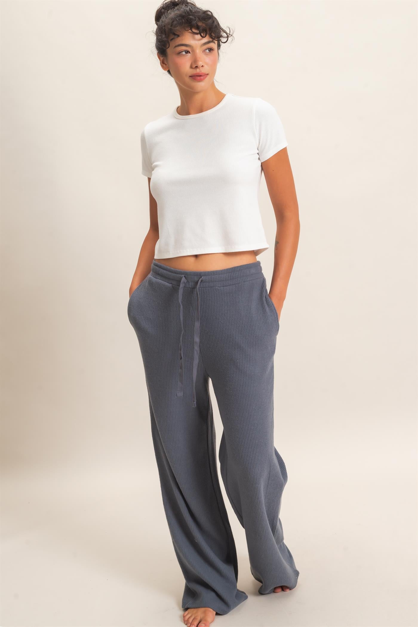 Wholesale Brushed Waffle Drawstring Pants Pants DZ26F313 DARK GRAY DOUBLE ZERO