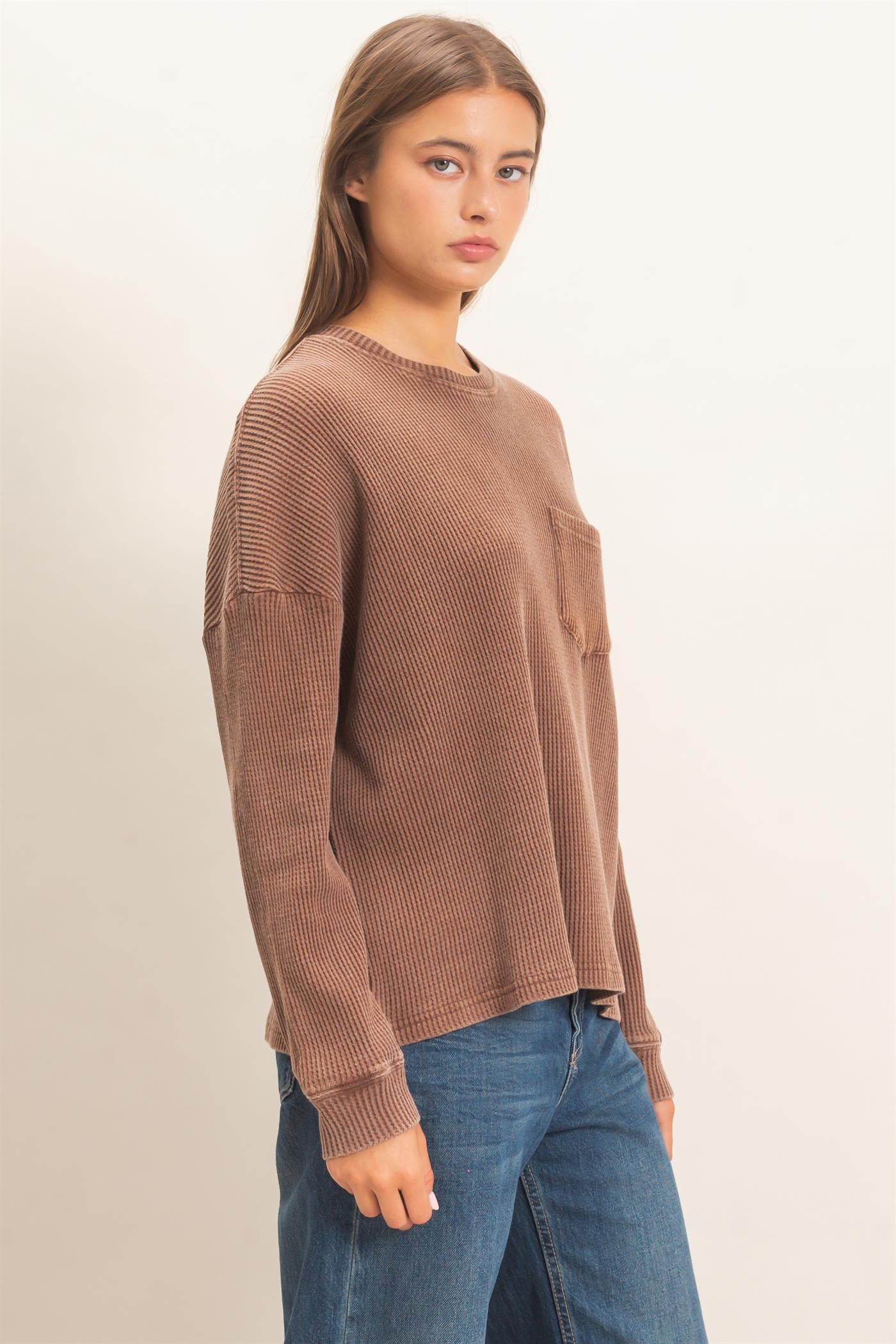 Wholesale Mineral Wash Waffle Long Sleeve Top Clothing Tops DZ26F242 DARK BROWN DOUBLE ZERO