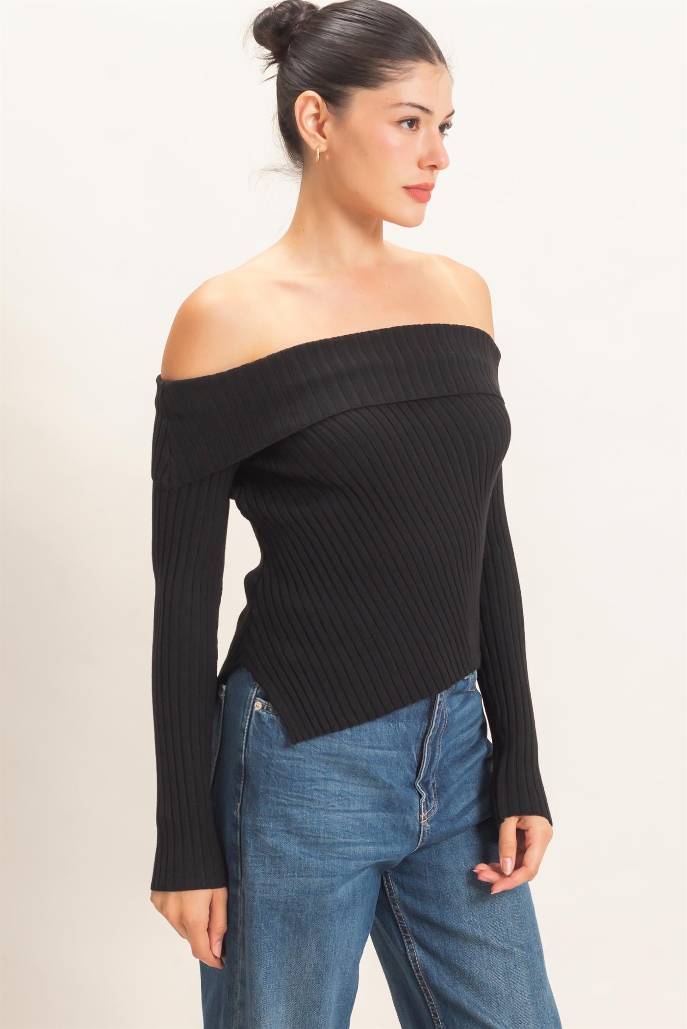 Wholesale Ribbed Off-Shoulder Sweater Sweaters HF26E937 BLACK HYFVE
