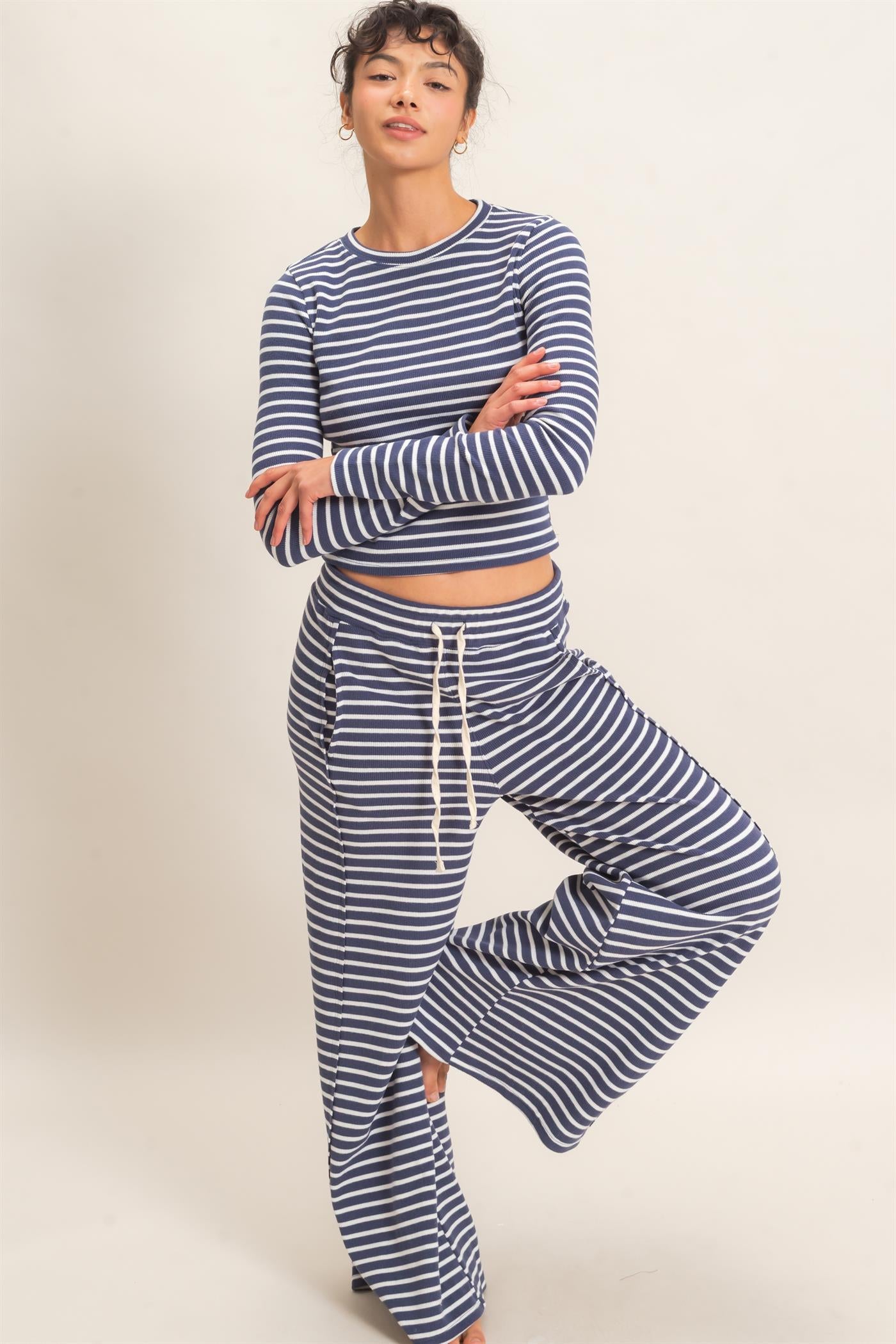 Wholesale Striped Waffle Long Sleeve Top & Pants Set Clothing DZ25F479-SET NAVY DOUBLE ZERO