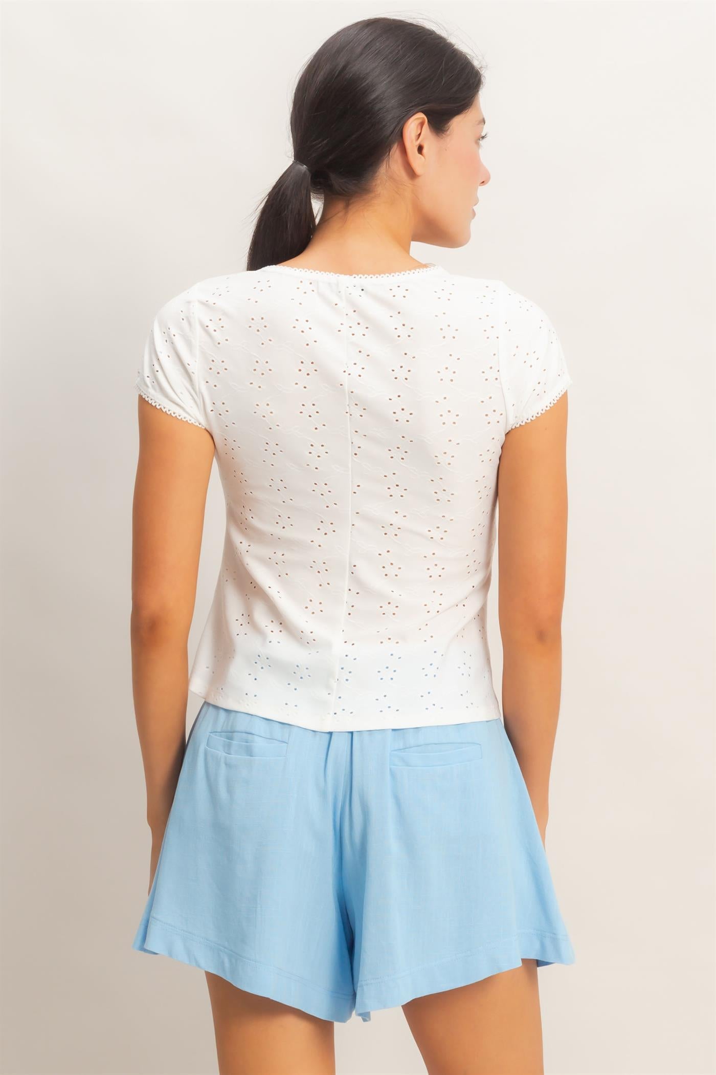 Wholesale Eyelet Button Front Knit Top Clothing Tops HF26C094 OFF WHITE HYFVE