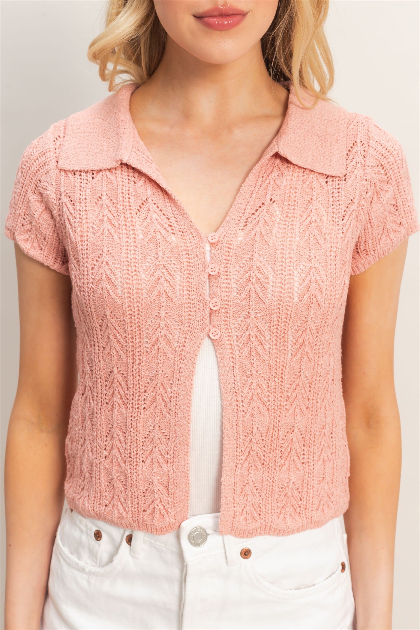 Wholesale Pointelle Knit Collared Cardigan Clothing Tops HF26A856 LIGHT MAUVE HYFVE