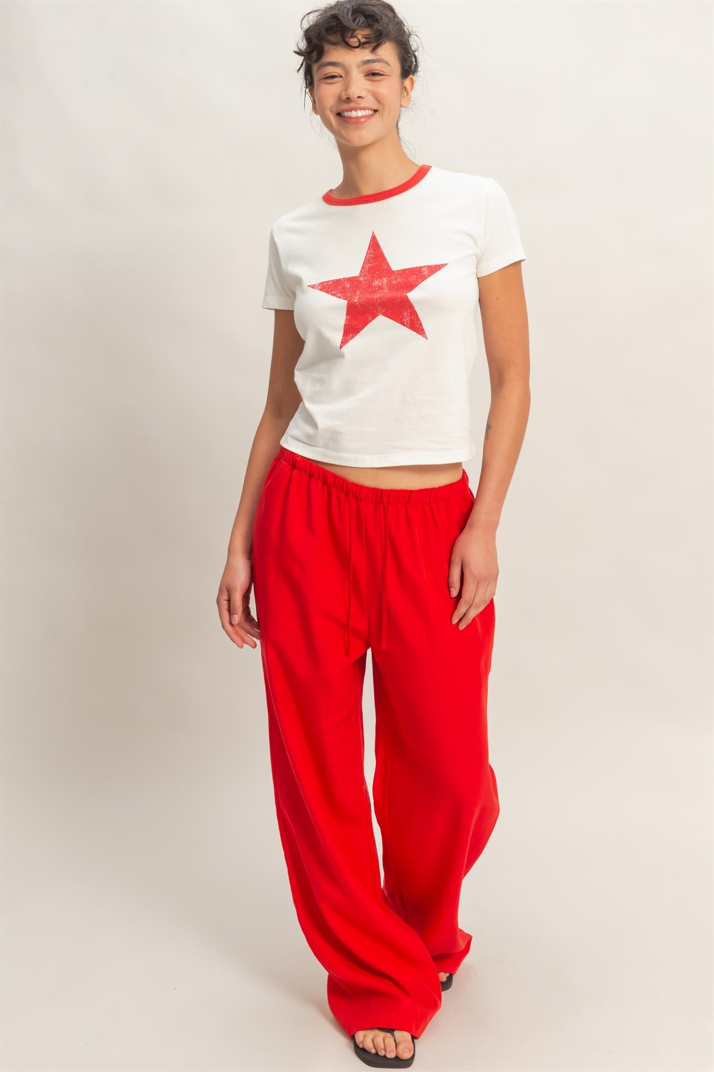 Wholesale Lyocell Linen Elastic Waist Straight Leg Pants Pants DZ26A979 RED DOUBLE ZERO