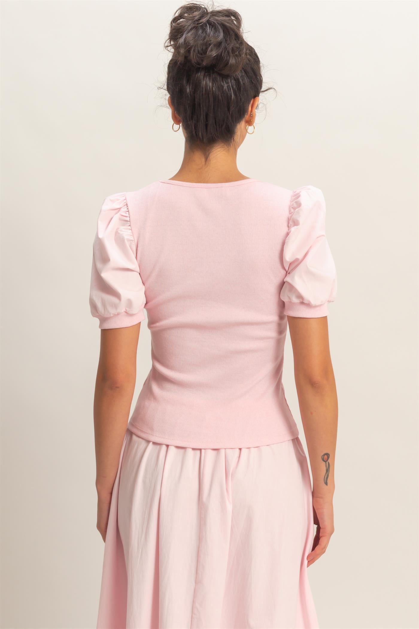 Wholesale Ribbed Puff Sleeve Scoop Neck Top Clothing Tops DZ26C071 SOFT PINK DOUBLE ZERO