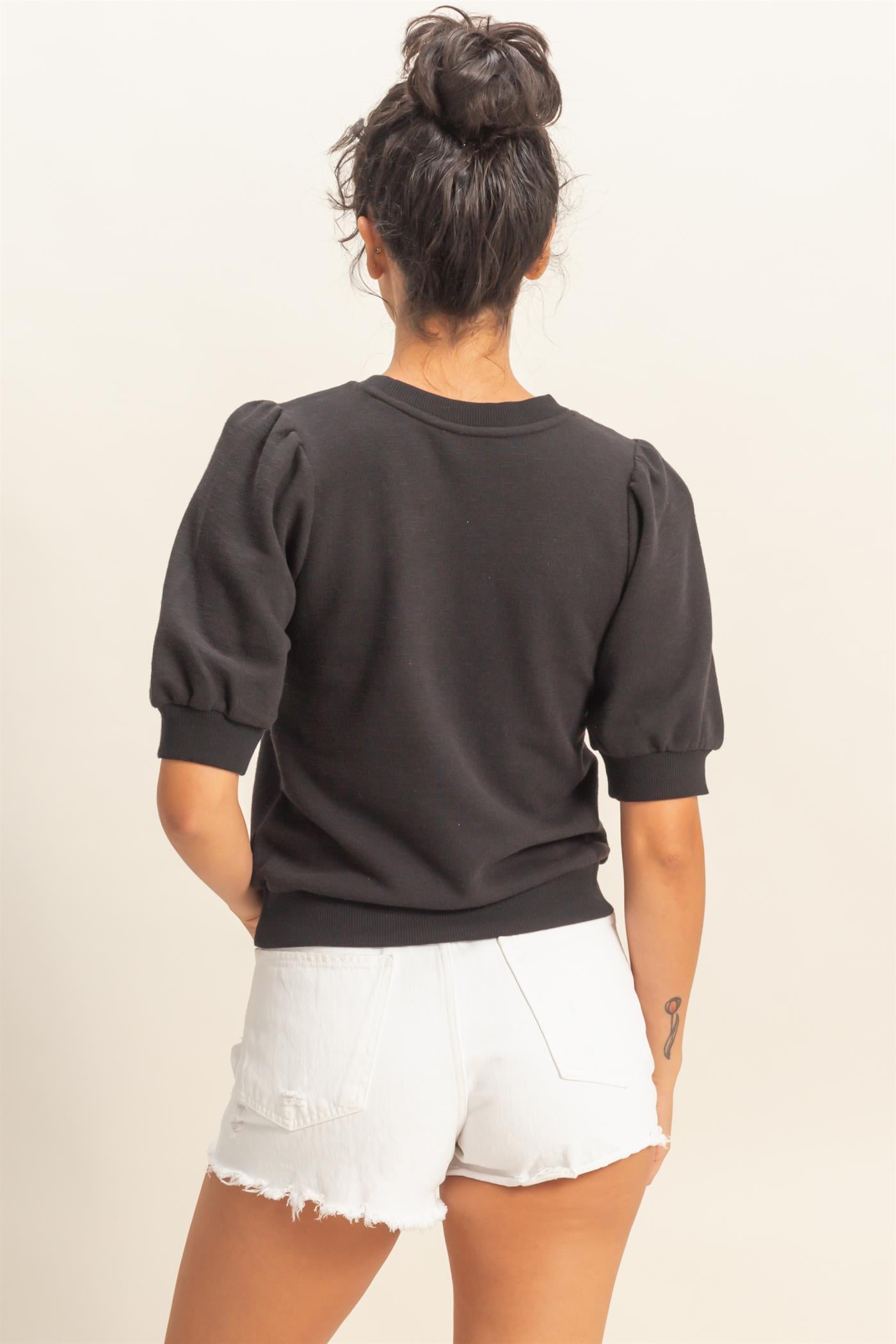 Wholesale Puff Short Sleeve Crew Neck Top Clothing Tops DZ26A927 BLACK DOUBLE ZERO