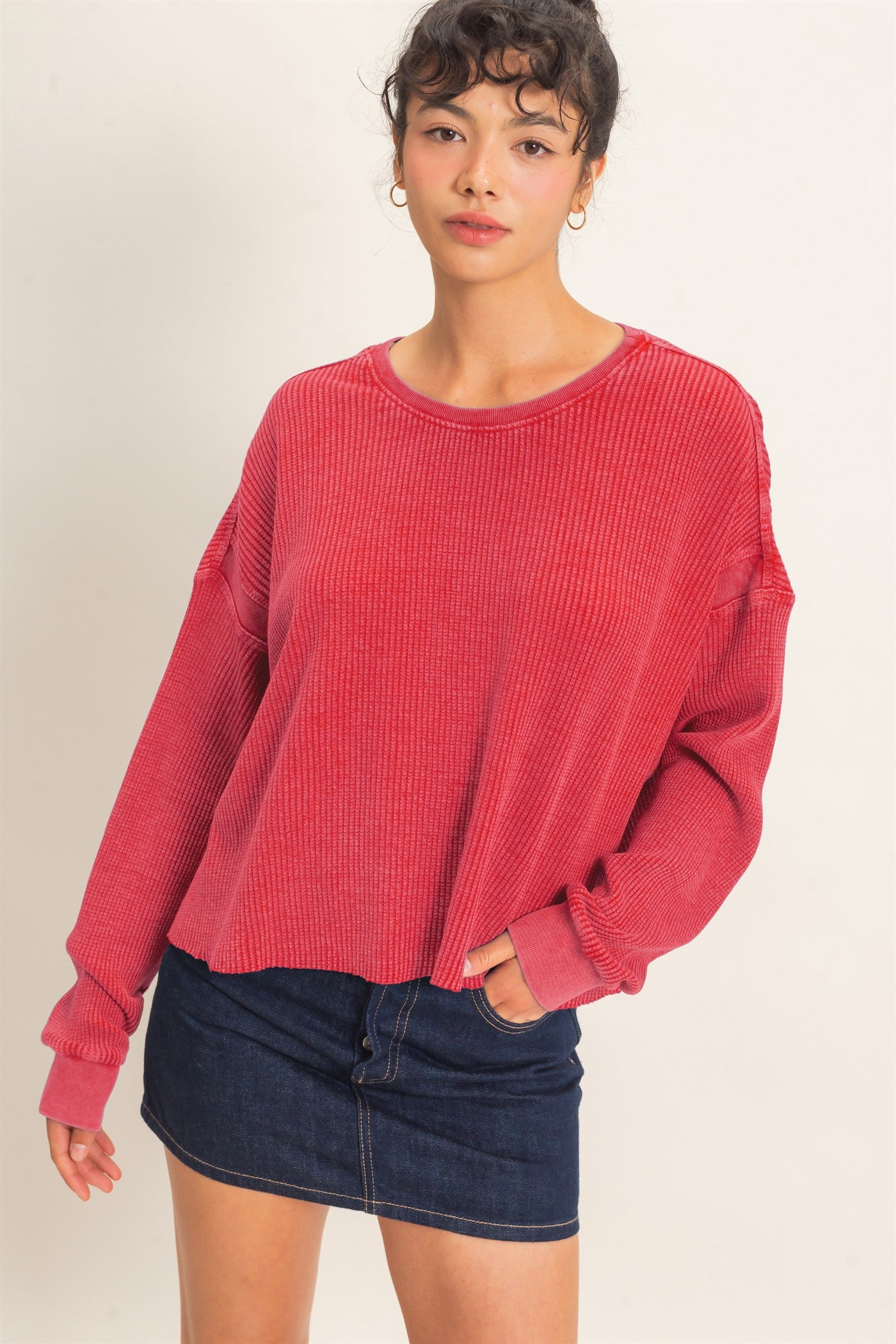 Wholesale Mineral Wash Waffle Open Back Top Clothing Tops DZ26C964 DARK RED DOUBLE ZERO