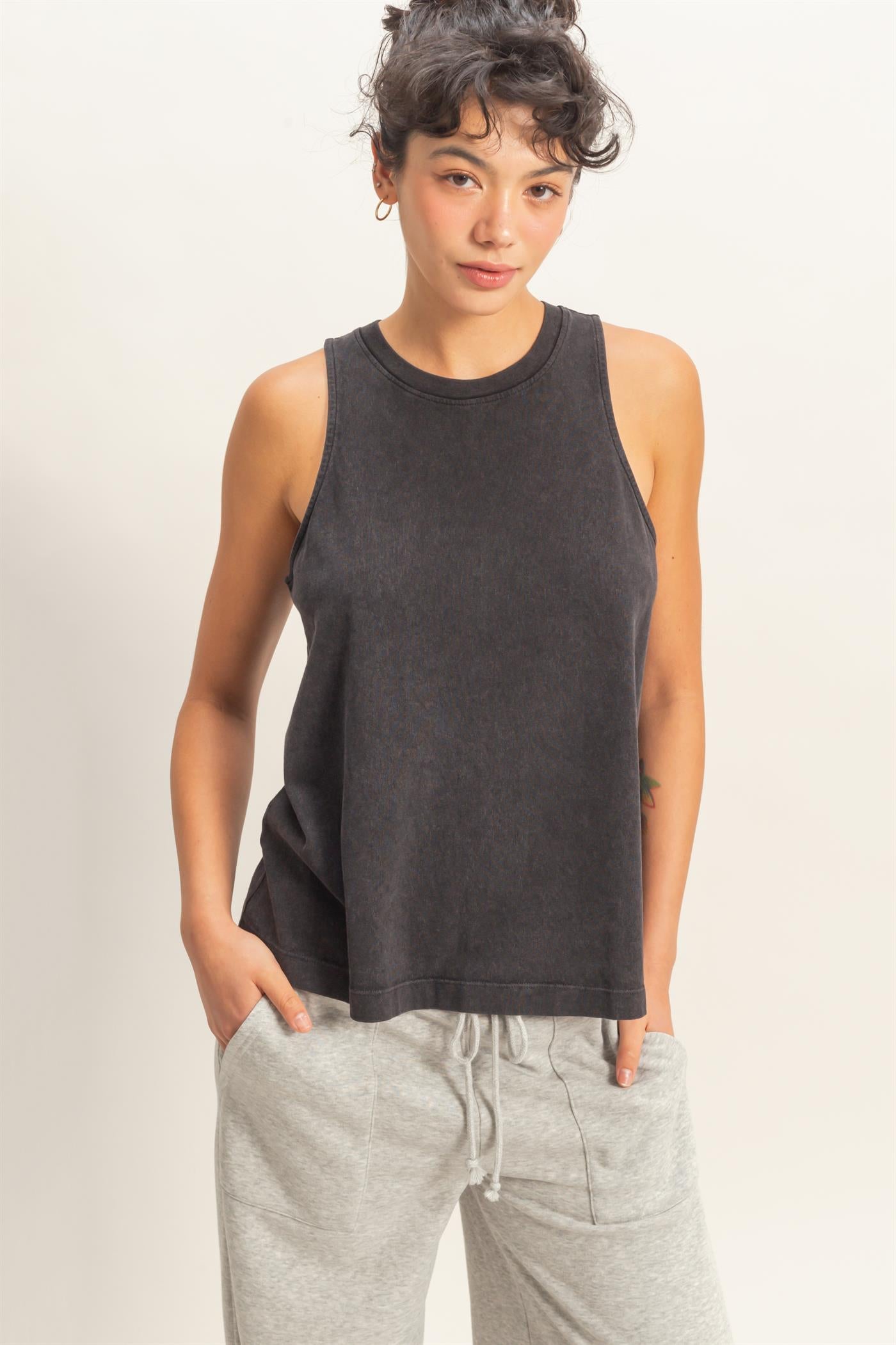 Wholesale Mineral Washed Sleeveless Top Clothing Tops DZ26A739 BLACK DOUBLE ZERO