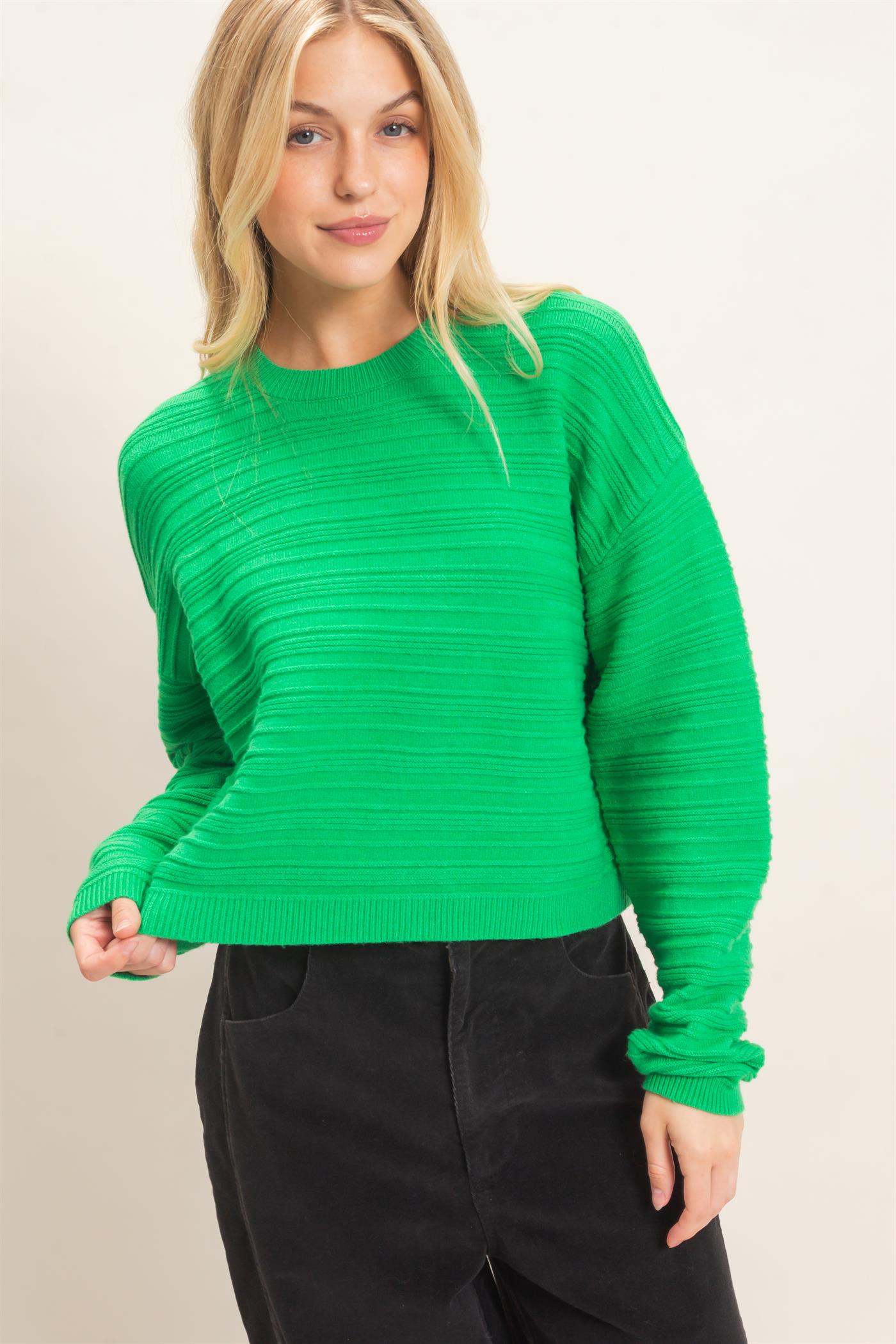Wholesale Textured Crew Neck Sweater Sweaters HF26F196 GREEN HYFVE