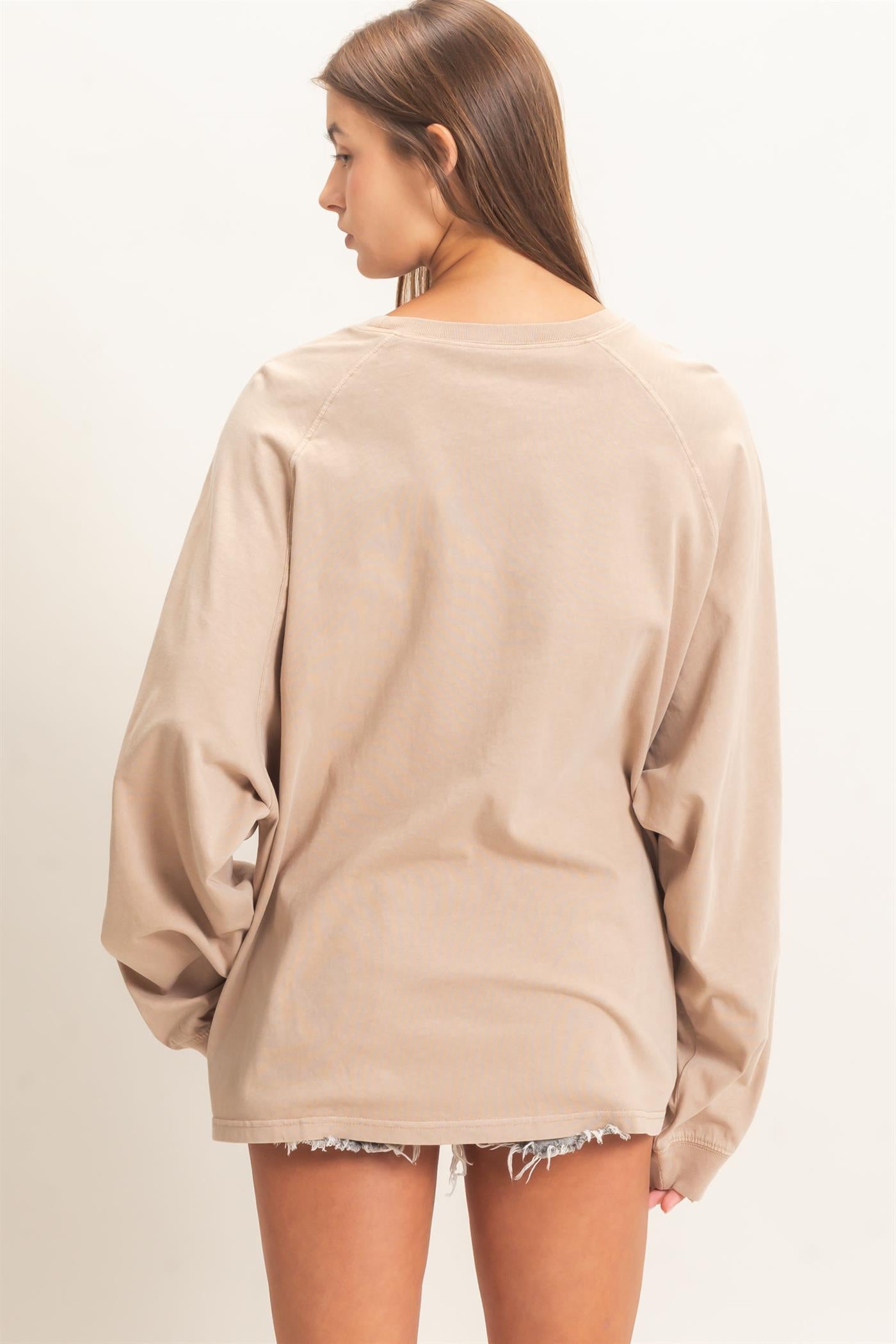 Wholesale Pigment Dye Oversized Long Sleeve Top Clothing Tops DZ26A825 TAUPE DOUBLE ZERO