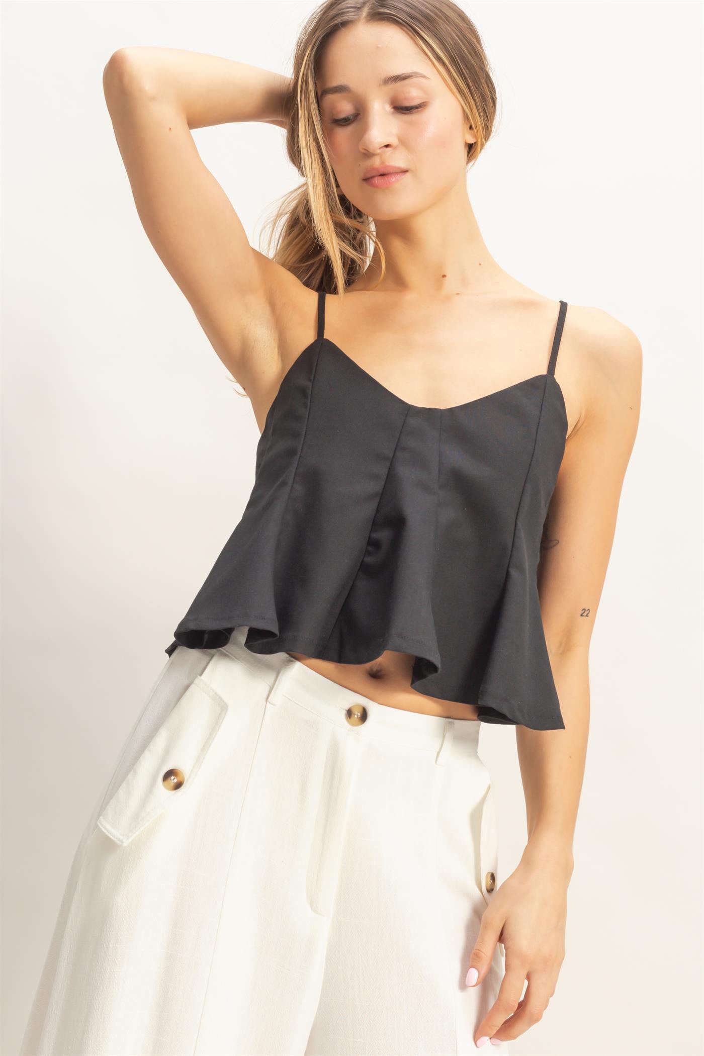 Wholesale Spaghetti Strap Peplum Top Blouses HF26A613 BLACK HYFVE