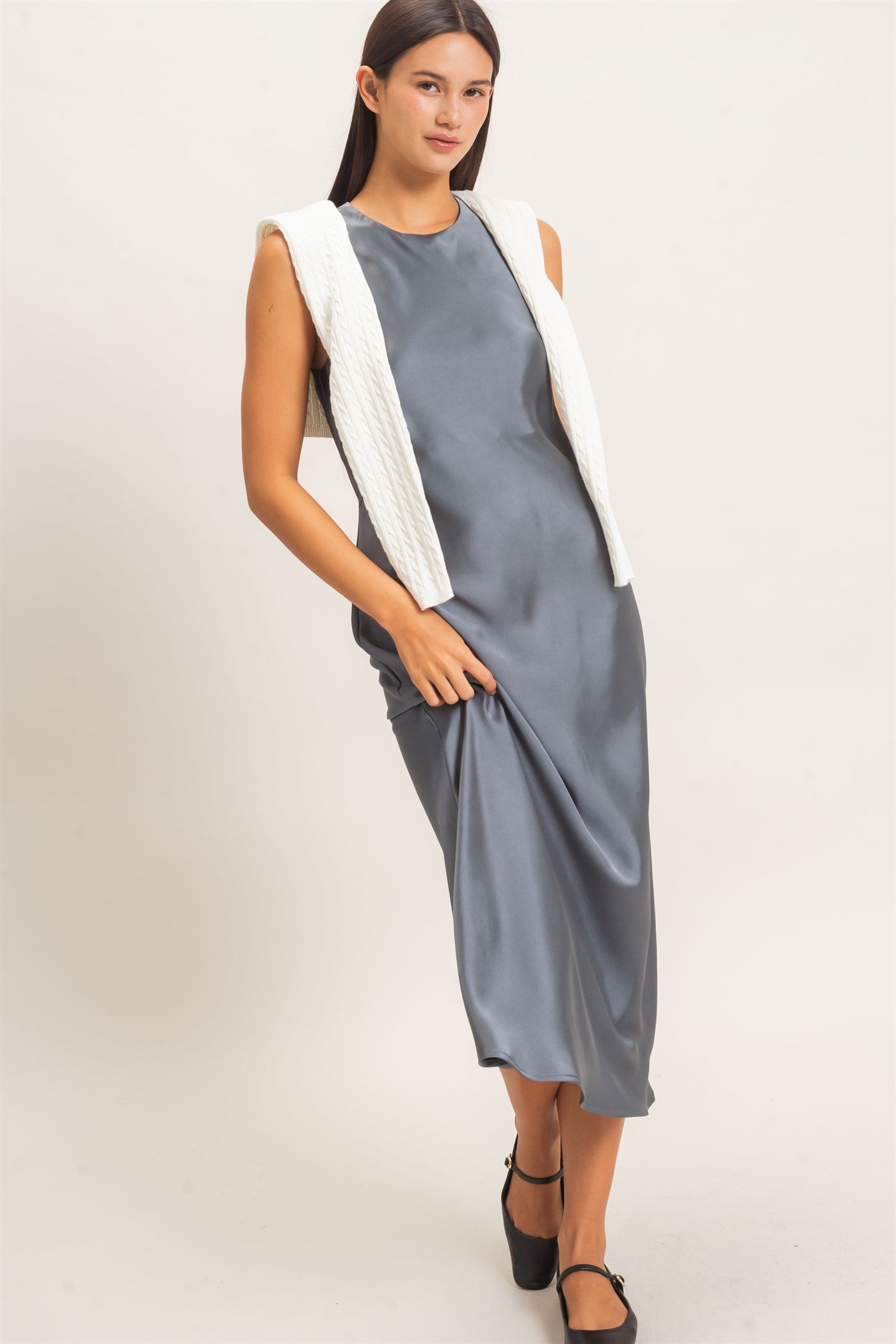 Wholesale Sleeveless Satin Midi Dress Dresses DZ26E257 DARK GRAY DOUBLE ZERO