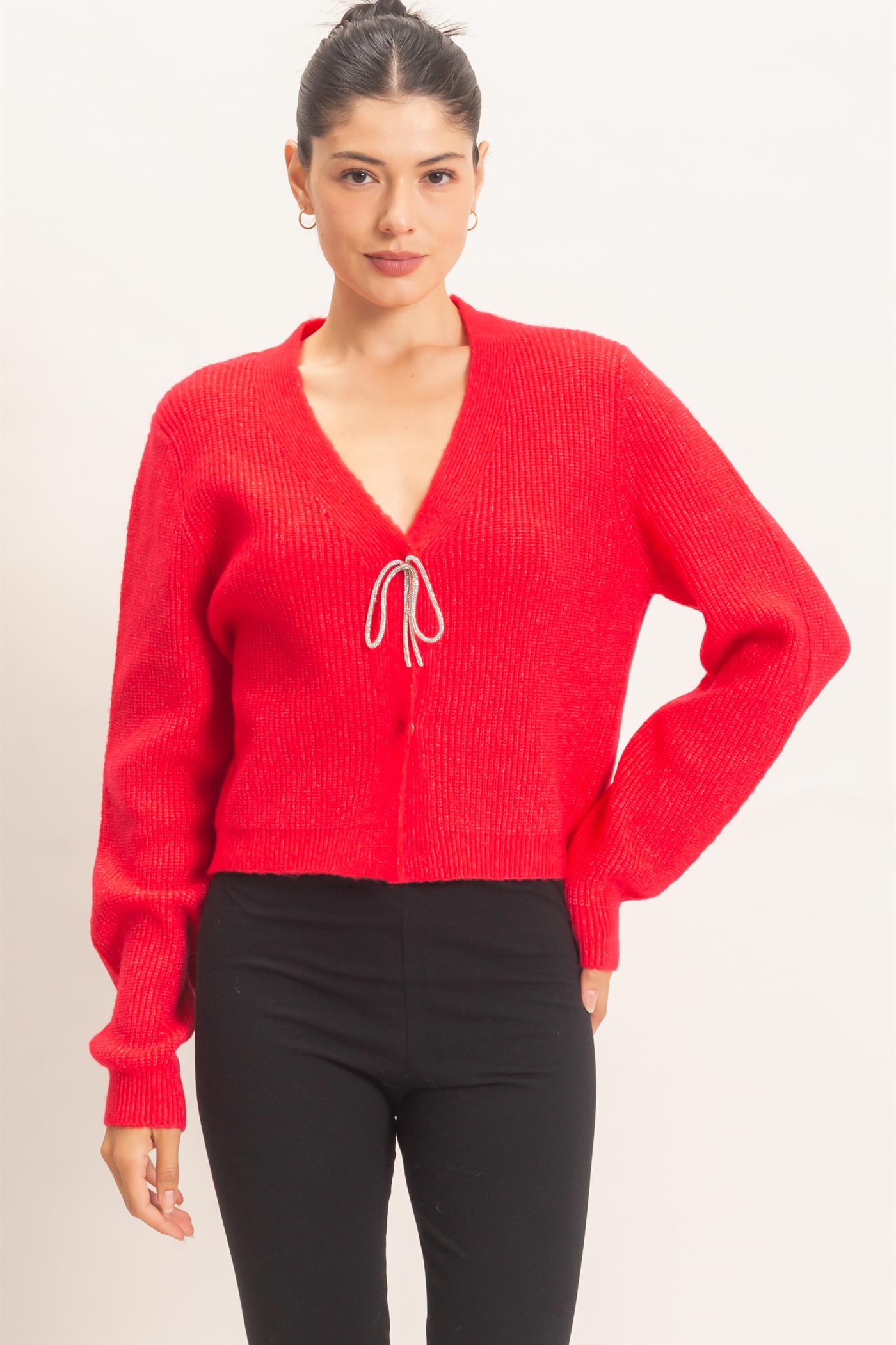 Wholesale Rhinestone Bow Tie-Front Sweater Cardigans HF26F183-D RED HYFVE