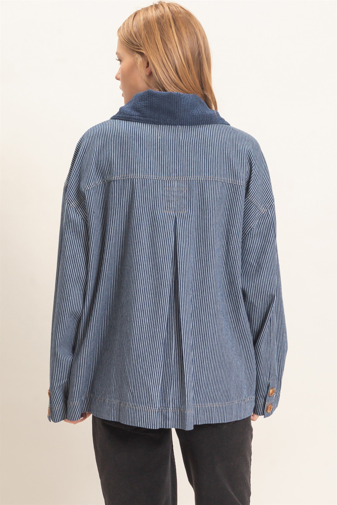 Wholesale Pinstripe Denim Jacket Coats & Jackets HF26C006 DARK DENIM HYFVE