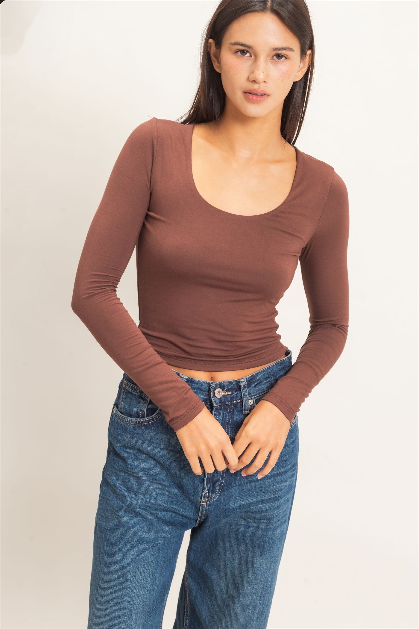 Wholesale Scoop Neck Long Sleeve Top Clothing Tops DZ26E250 DARK BROWN DOUBLE ZERO