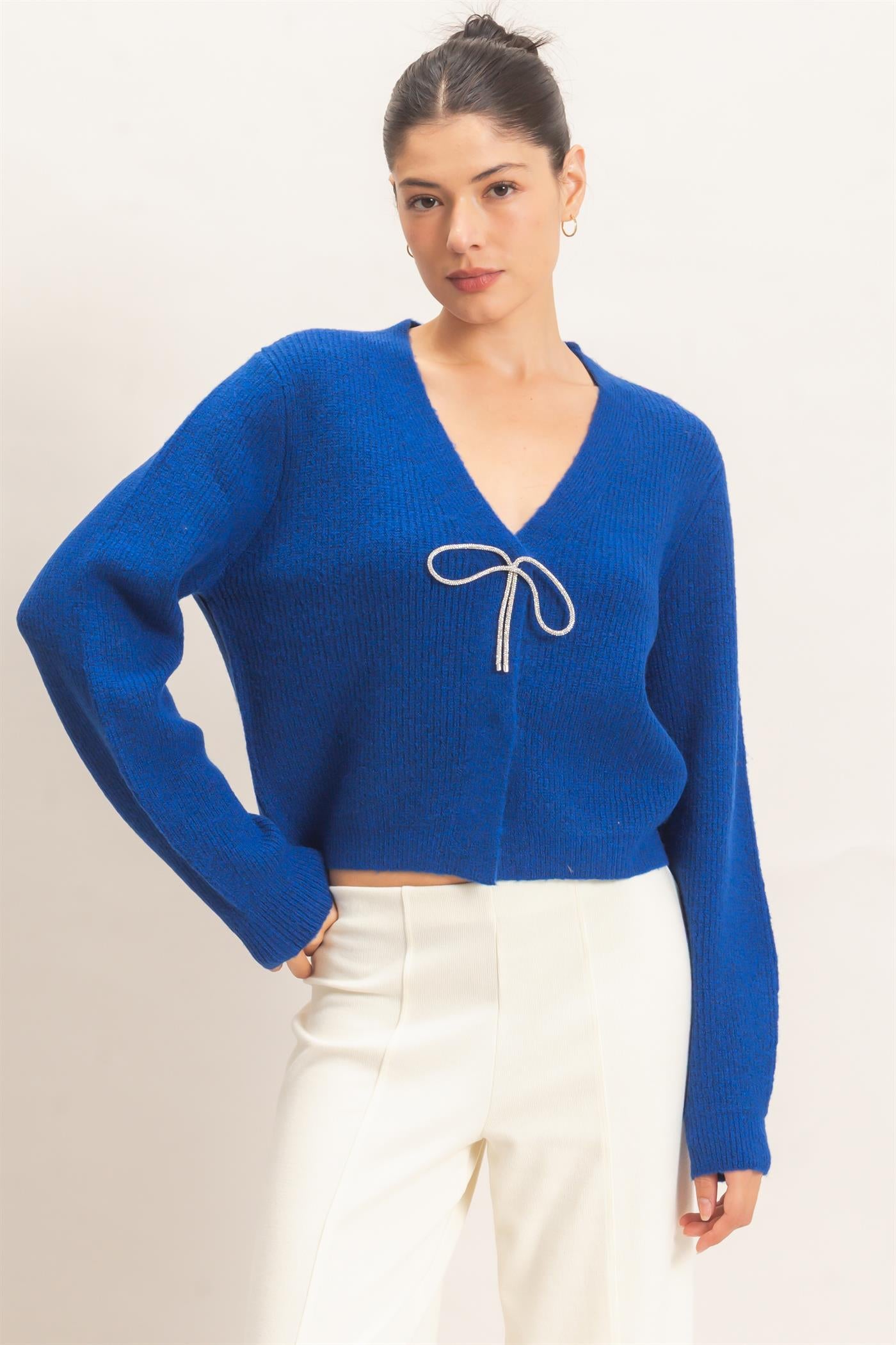 Wholesale Rhinestone Bow Tie-Front Sweater Cardigans HF26F183-D ROYAL BLUE HYFVE