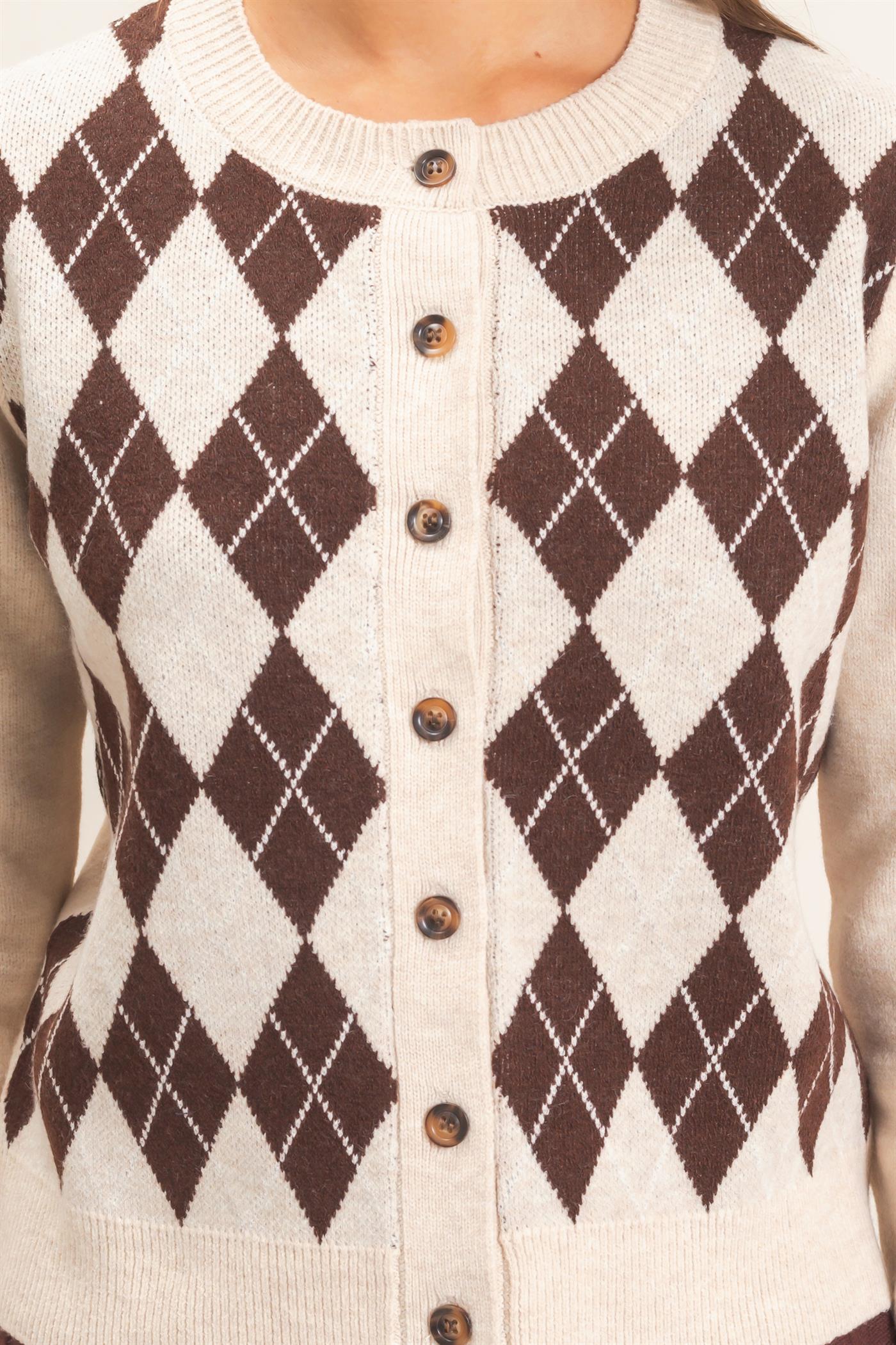 Wholesale Argyle Pattern Cardigan Cardigans DZ26E637 OATMEAL DOUBLE ZERO