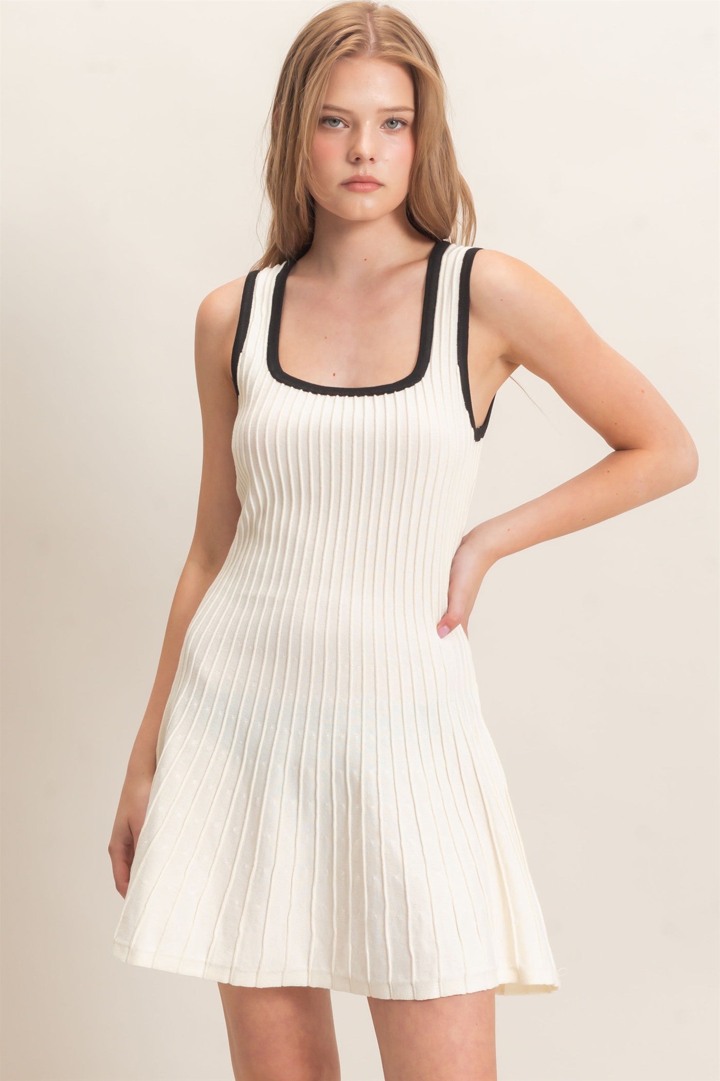 Wholesale Ribbed Square Neck Mini Dress Dresses HF26F213 CREAM HYFVE