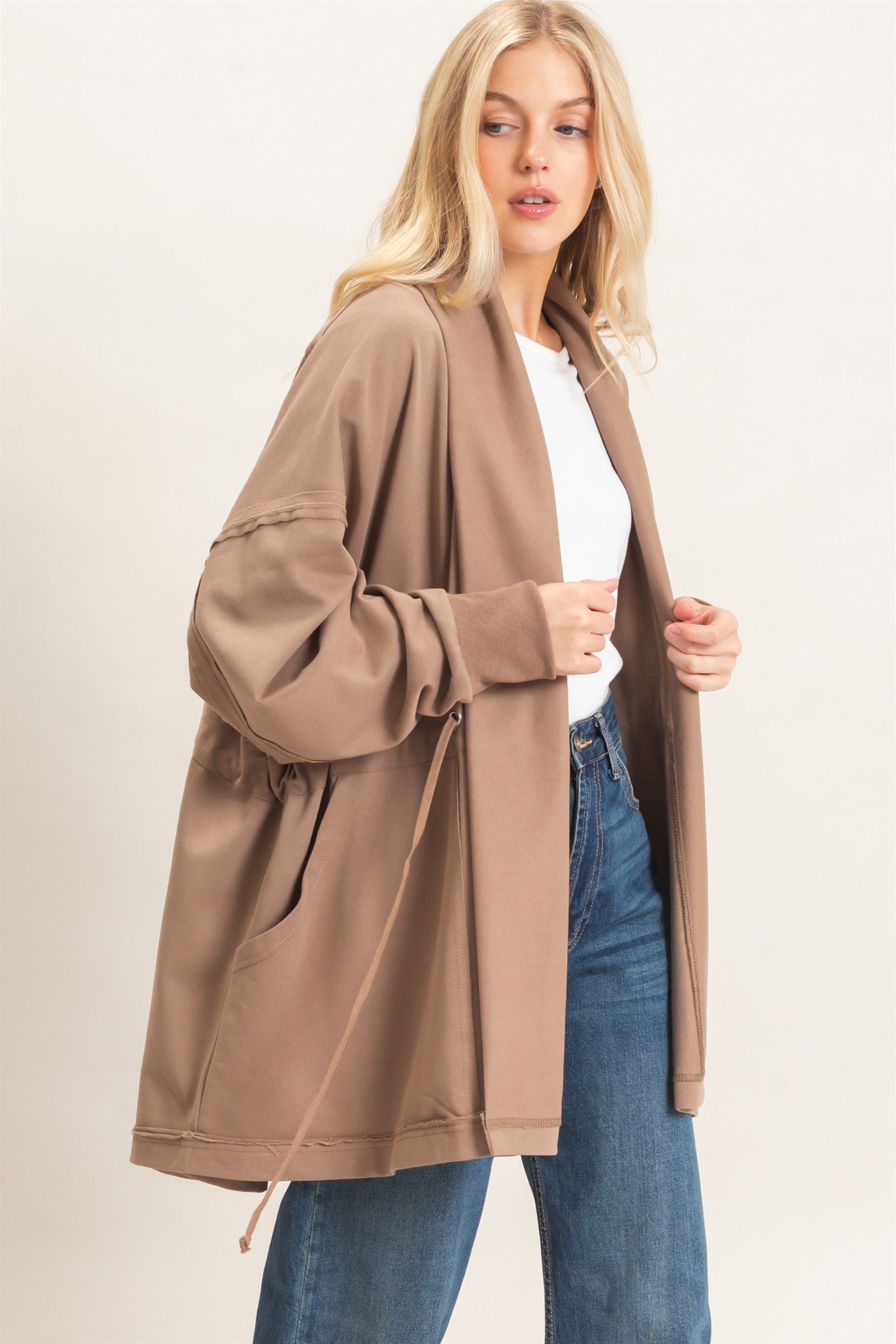 Wholesale Open Front Tie Waist Cardigan Cardigans HF26C778 MOCHA HYFVE