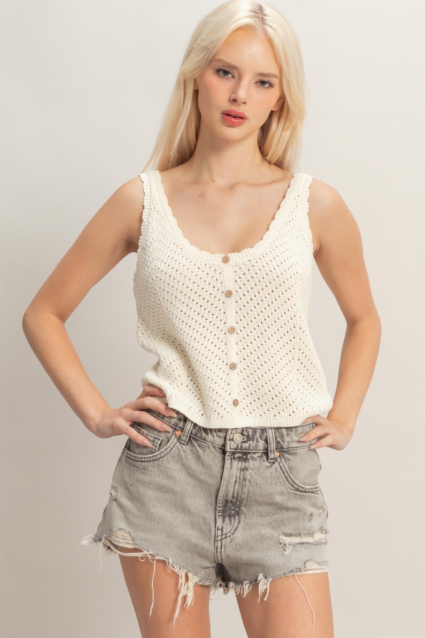 Wholesale Open Knit Scallop Edge Button Front Tank Top Tank Tops DZ26A221 CREAM DOUBLE ZERO