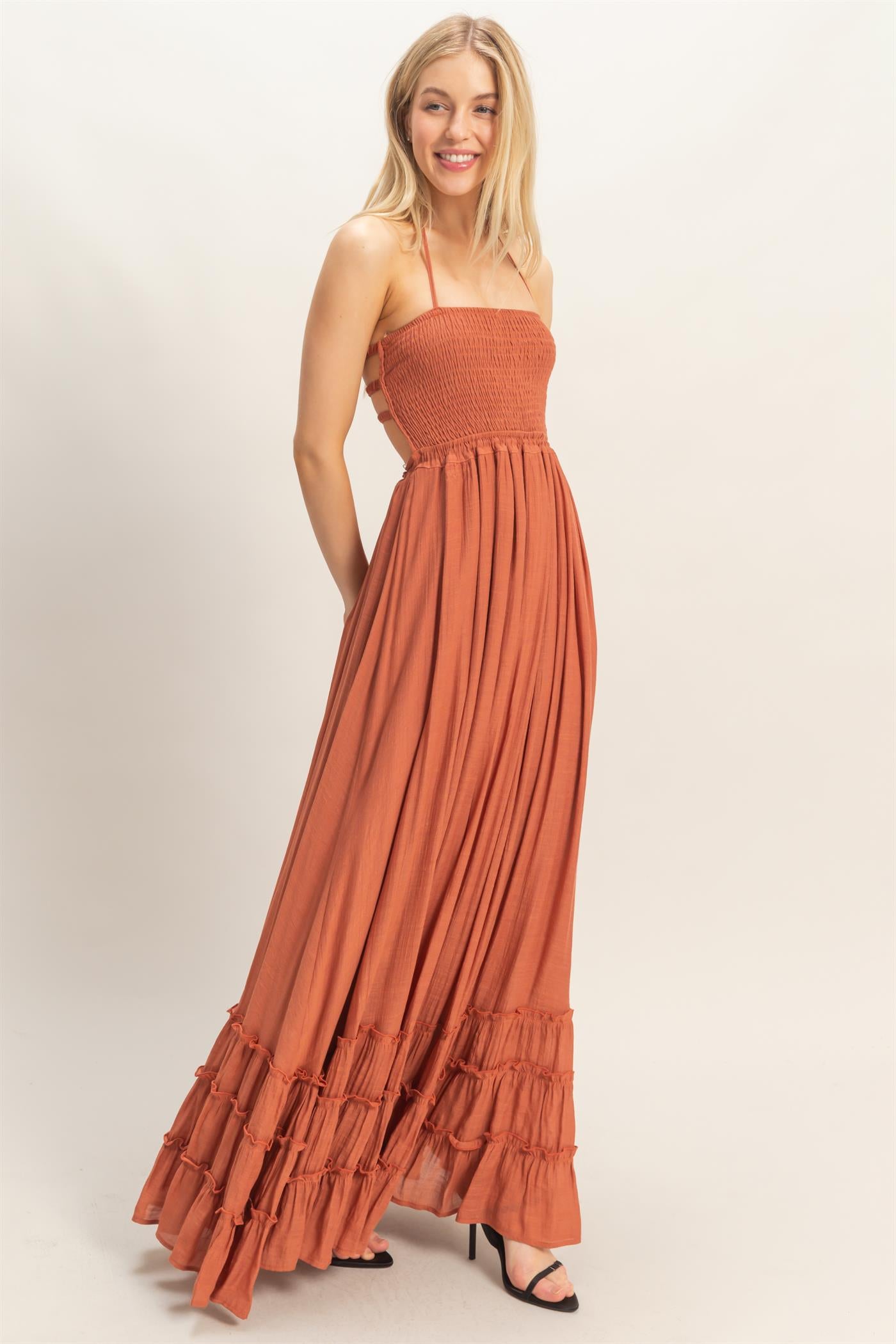 Wholesale Smocked Halter Maxi Dress Dresses HF26C290-D RUST HYFVE