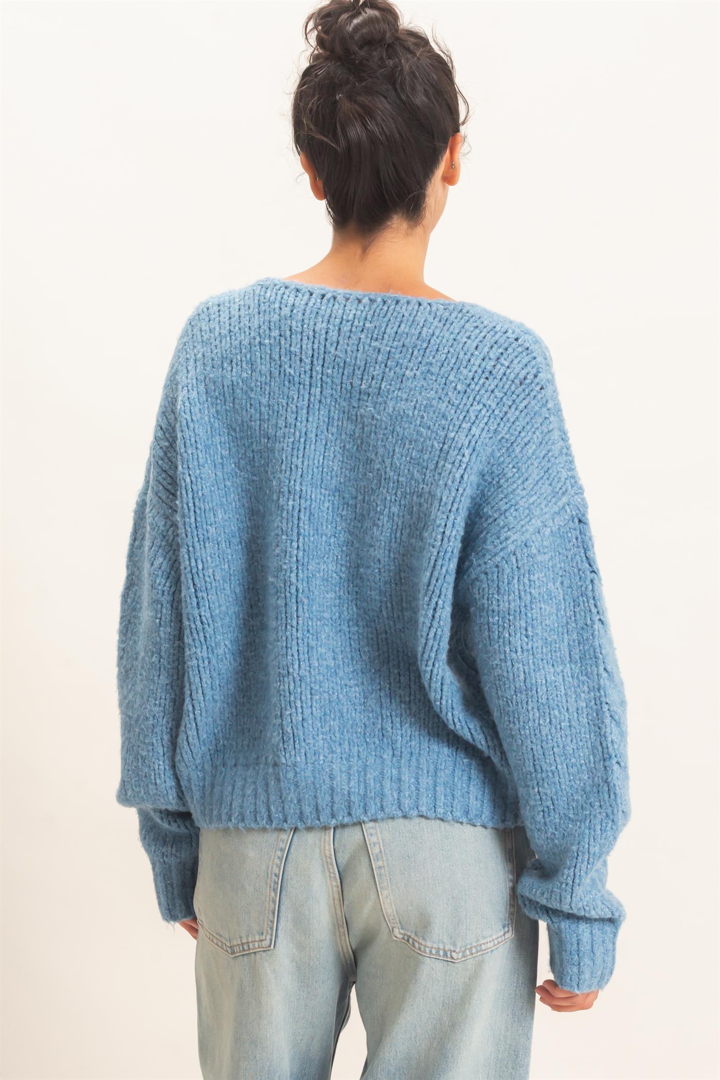 Wholesale Cable Knit V-Neck Sweater Sweaters DZ26E107 DUSTY BLUE DOUBLE ZERO